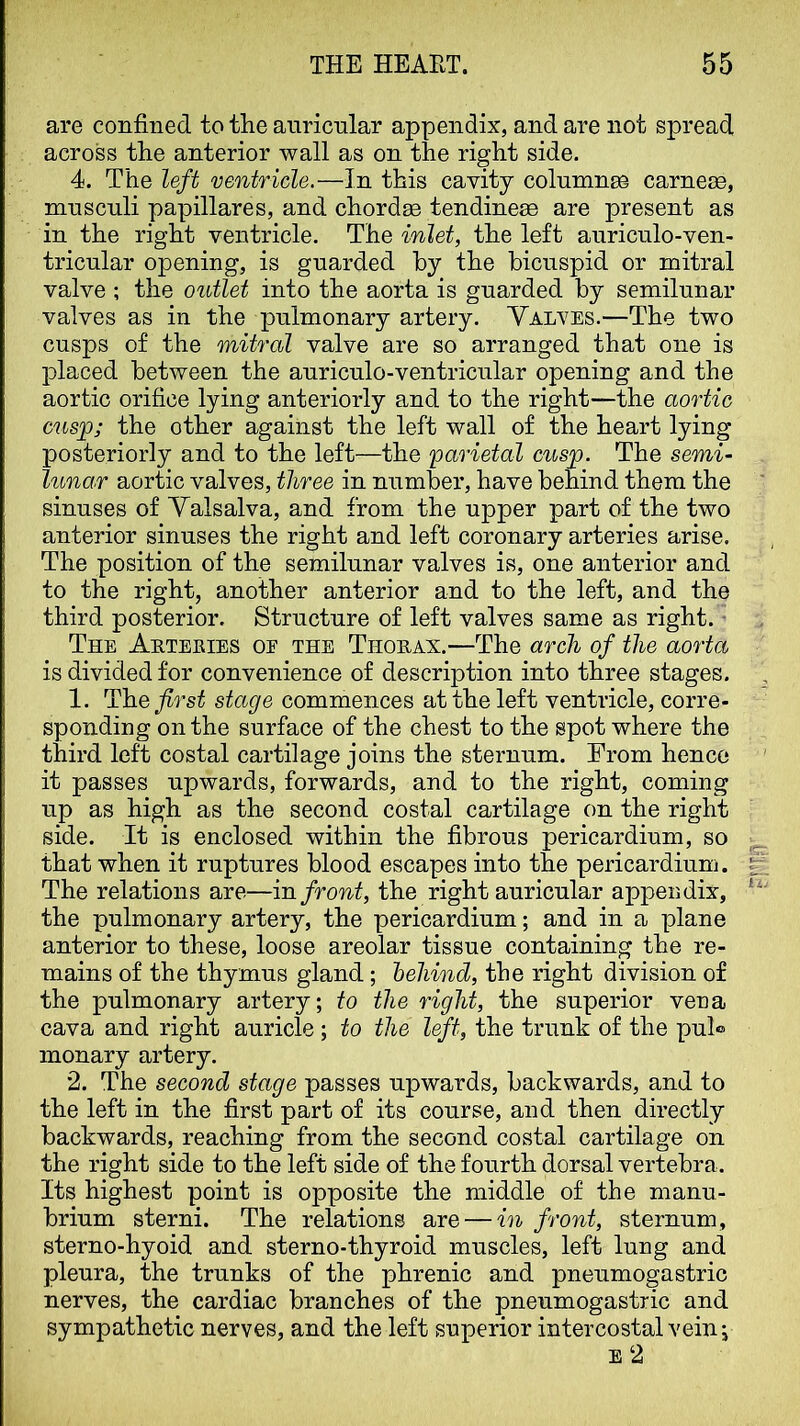 are confined to the anricnlar appendix, and are not spread across the anterior wall as on the right side. 4. The left ventricle.—In this cavity colnmnse carnese, mnsculi papillares, and chordee tendinece are present as in the right ventricle. The mlet, the left anricnlo-ven- tricnlar opening, is guarded by the bicuspid or mitral valve ; the outlet into the aorta is guarded by semilunar valves as in the pulmonary artery. Yalves.—The two cusps of the mitral valve are so arranged that one is placed between the auriculo-ventricular opening and the aortic orifice lying anteriorly and to the right—the aortic cusp; the other against the left wall of the heart lying posteriorly and to the left—the parietal cusp. The semi- lunar aortic valves, three in number, have behind them the sinuses of Yalsalva, and from the upper part of the two anterior sinuses the right and left coronary arteries arise. The position of the semilunar valves is, one anterior and to the right, another anterior and to the left, and the third posterior. Structure of left valves same as right. The Aeteeies oe the Thoeax.—The arch of the aorta is divided for convenience of description into three stages. 1. The first stage commences at the left ventricle, corre- sponding on the surface of the chest to the spot where the third left costal cartilage joins the sternum. From hence it passes upwards, forwards, and to the right, coming up as high as the second costal cartilage on the right side. It is enclosed within the fibrous pericardium, so that when it ruptures blood escapes into the pericardium. The relations are—in front, the right auricular appendix, the pulmonary artery, the pericardium; and in a plane anterior to these, loose areolar tissue containing the re- mains of the thymus gland; behind, the right division of the pulmonary artery; to the right, the superior vena cava and right auricle ; to the left, the trunk of the pul° monary artery. 2. The second stage passes upwards, backwards, and to the left in the first part of its course, and then directly backwards, reaching from the second costal cartilage on the right side to the left side of the fourth dorsal vertebra. Its highest point is opposite the middle of the manu- brium sterni. The relations are — in front, sternum, sterno-hyoid and sterno-thyroid muscles, left lung and pleura, the trunks of the phrenic and pneumogastric nerves, the cardiac branches of the pneumogastric and sympathetic nerves, and the left superior intercostal vein; E ‘2