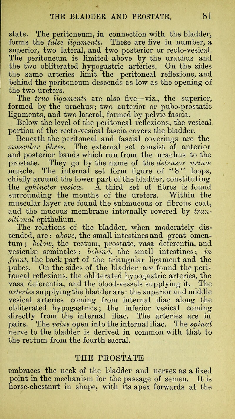 state. The peritoneum, in connection with the bladder, forms the false ligaments. These are five in number, a superior, two lateral, and two posterior or recto-vesical. The peritoneum is limited above by the urachus and the two obliterated hypogastric arteries. On the sides the same arteries limit the peritoneal reflexions, and behind the peritoneum descends as low as the opening of the two ureters. The true ligaments are also five—viz., the superior, formed by the urachus; two anterior or pubo-prostatic ligaments, and two lateral, formed by pelvic fascia. Below the level of the peritoneal reflexions, the vesical portion of the recto-vesical fascia covers the bladder. Beneath the peritoneal and fascial coverings are the muscular fibres. The external set consist of anterior and posterior bands which run from the urachus to the prostate. They go by the name of the detrusor urinoe muscle. The internal set form figure of “8” loops, chiefly around the lower part of the bladder, constituting the sphincter vesicce. A third set of fibres is found surrounding the mouths of the ureters. Within the muscular layer are found the submucous or fibrous coat, and the mucous membrane internally covered by U'an- sitional epithelium. The relations of the bladder, when moderately dis- tended, are: above, the small intestines and great omen- tum ; below, the rectum, prostate, vasa deferentia, and vesiculae seminales; behind, the small intestines; in front, the back part of the triangular ligament and the pubes. On the sides of the bladder are found the peri- toneal reflexions, the obliterated hypogastric arteries, the vasa deferentia, and the blood-vessels supplying it. The arteries supplying the bladder are: the superior and middle vesical arteries coming from internal iliac along the obliterated hypogastrics; the inferior vesical coming directly from the internal iliac. The arteries are in pairs. The veins open into the internal iliac. The spinal nerve to the bladder is derived in common with that to the rectum from the fourth sacral. THE PEOSTATE embraces the neck of the bladder and nerves as a fixed point in the mechanism for the passage of semen. It is horse-chestnut in shape> with its apex forwards at the