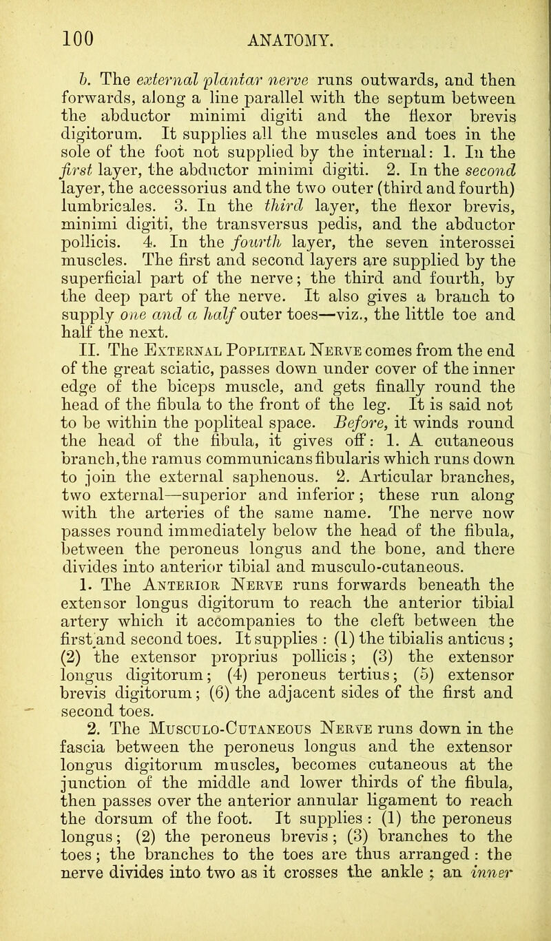 h. The external 'plantar nerve runs outwards, and then forwards, aJong a line parallel with the septum between the abductor minimi digiti and the flexor brevis digitorum. It supplies all the muscles and toes in the sole of the foot not supplied by the internal: 1. In the first layer, the abductor minimi digiti. 2. In the second layer, the accessorius and the two outer (third and fourth) lumbricales. 3. In the third layer, the flexor brevis, minimi digiti, the transversus pedis, and the abductor pollicis. 4. In the fourth layer, the seven interossei muscles. The first and second layers are supplied by the superficial part of the nerve; the third and fourth, by the deep part of the nerve. It also gives a branch to supply one and a half outer toes—viz., the little toe and half the next. II. The External Popliteal Nerve comes from the end of the great sciatic, passes down under cover of the inner edge of the biceps muscle, and gets finally round the head of the fibula to the front of the leg. It is said not to be within the popliteal space. Before, it winds round the head of the fibula, it gives off: 1. A cutaneous branch,the ramus communicans fibularis which runs down to join the external saphenous. 2. Articular branches, two external—superior and inferior ; these run along with the arteries of the same name. The nerve now passes round immediately below the head of the fibula, between the peroneus longus and the bone, and there divides into anterior tibial and musculo-cutaneous. 1. The Anterior Nerve runs forwards beneath the extensor longus digitorum to reach the anterior tibial artery which it accompanies to the cleft between the firshand second toes. It supplies : (I) the tibialis anticus ; (2) the extensor proprius pollicis; (3) the extensor longus digitorum; (4) peroneus tertius; (5) extensor brevis digitorum; (6) the adjacent sides of the first and second toes. 2. The Musculo-Cutaneous Nerve runs down in the fascia between the peroneus longus and the extensor longus digitorum muscles, becomes cutaneous at the junction of the middle and lower thirds of the fibula, then passes over the anterior annular ligament to reach the dorsum of the foot. It supplies : (1) the peroneus longus; (2) the peroneus brevis ; (3) branches to the toes; the branches to the toes are thus arranged : the nerve divides into two as it crosses the ankle ; an inner