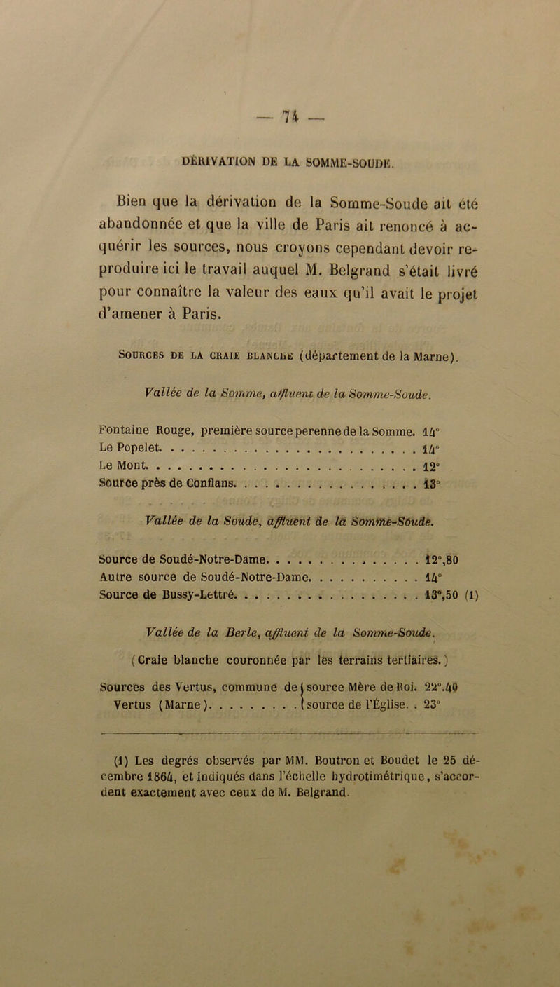 DÉRIVATION DE LA SOMME-SOUDE. Bien que ia dérivation de la Somme-Soude ait été abandonnée et que ia ville de Paris ait renoncé à ac- quérir les sources, nous croyons cependant devoir re- produire ici le travail auquel M. Belgrand s’était livré pour connaître la valeur des eaux qu’il avait le projet d’amener à Paris. Sources de la craie blangüe (département de la Marne). Vallée de la Somme, affluent de la Somme-Soude. Fontaine Rouge, première source perenne de la Somme. 1U° Le Popelet l/4° Le Mont 12° Source près de Conflans 13° Vallée de la Soude, affluent de la Somme-Soude. Source de Soudé-Notre-Dame 12°,80 Autre source de Soudé-Notre-Dame IU° Source de Bussy-Lettré 13°,50 (1) Vallée de la Berle, affluent de la Somme-Soude. ( Craie blanche couronnée par lès terrains tertiaires. ) Sources des Vertus, commune de j source Mère de Roi. 22u.ZjO Vertus (Marne) Isource de l’Église. . 23° (I) Les degrés observés par MM. Boutron et Boudet le 25 dé- cembre 186ü, et indiqués dans l’échelle hydrotimétrique, s’accor- dent exactement avec ceux de M. Belgrand.