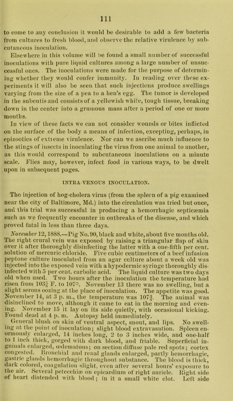 to come to any conclusion it would be desirable to add a few bacteria from cnltnres to fresh blood, and observe the relative virulence by sub- cutaneous inoculation. Elsewhere in this volume will y»e found a small number of successful inoculations with pure liquid cultures among a large number of unsuc- cessful ones. The inoculations were made for the purpose of determin- ing whether they would confer immunity. In reading over these ex- periments it will also be seen that such injections produce swellings varying from the size of a pea to a hen’s egg. The tumor is developed in the subcutis and consists of a yellowish white, tough tissue, breaking down in the center into a grumous mass alter a i)eriod of one or more months. Ill view of these facts we can not consider wounds or bites inflicted on the surface of the body a means of infection, excepting, perhaps, in epizootics of extieme virulence. Nor can we ascribe much influence to the stings of insects in inoculating the virus from one animal to another, as this would correspond to subcutaneous inoculations on a minute scale. Elies may, however, infect food in various ways, to be dwelt upon in subsequent pages. INTRA VENOUS INOCULATION. The injection of hog-cholera virus (from the spleen of a pig examined near the city of Baltimore, Md.) into the circulation was tried but once, and this trial was successful in producing a hemorrhagic septicaemia such as we frequently encounter in outbreaks of the disease, and which proved fatal in less than three days. Kovemher 12,1888.—Pig No. 90, black and white, about five months old. The right crural vein was exposed by raising a triangular flap of skiu over it after thoroughly disinfecting the latter with a one-fifth per cent, solution of mercuric chloride. Five cubic centimeters of a beef infusion peptone culture inoculated from an agar culture about a week old was injected into the exposed vein with a hypodermic syringe thoroughly dis- infected with 5 per cent, carbolic acid. The liquid culture was two days old when used. Two liours after the inoculation the temperature had risen from 103g E. to 107°. November 13 there was no swelling, but a slight serous oozing at the place of inoculation. The appetite was good. November 14, at 3 p. m., the temperature was 107f. The animal was disinclined to move, although it came to eat in the morning and even- ing. November 15 it lay on its side quietly, with occasional kicking. Found dead at 4 p. m. Autopsy held immediately. General blush on skin of ventral aspect, snout, and lips. No swell- ing at the point of inoculation; slight blood extravasation. Spleen en- ormously enlarged, 14 inches long, 2 to 3 inches wide, and one-half to 1 inch thick, gorged with dark blood, and friable. Superficial iii- _ exposur( the air. Several j)eteccliia3 on epicardium of right auricle. Bight side of heart distended with blood ; in it a small white clot. Left side