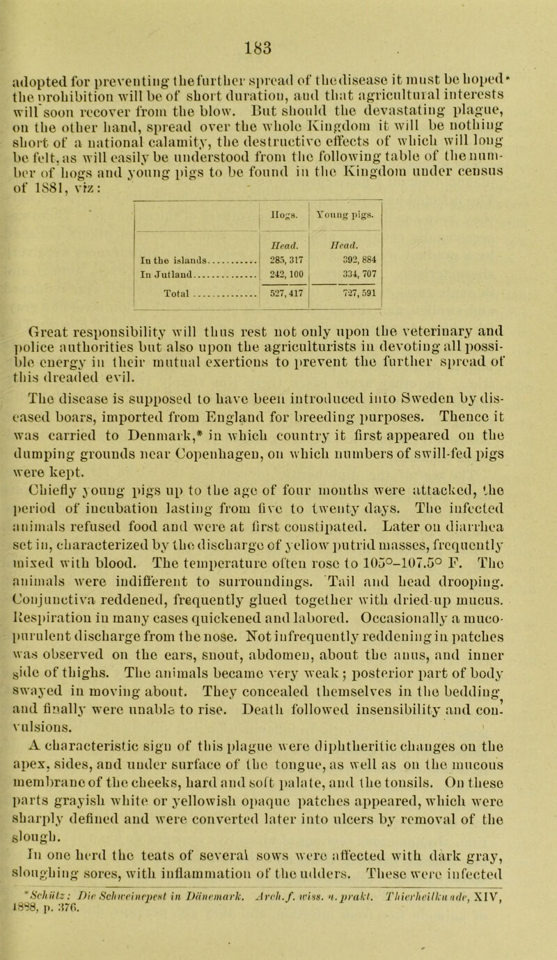 adopted for preventing' tbefnrthcr spread of tliedisease it must be hoped* the nroliibition will be of short duration, and that agricnltnial interests will soon recover from the blow. But should the devastating plague, on the other hand, spread over the whole Jvingdoin it will be nothing shoi't ot* a national calamity, the destructive effects of which will long be felt, as will easily be understood from the following table of the num- ber of hogs and young pigs to be found in the Kingdom under census of 1881, viz: lloss. Young pigs. lu the islaiuls In Jutland Total Head. 285, 317 242, 100 Head. 392, 884 334, 707 527, 417 727, 591 Great responsibility will thus rest not only upon the veterinary and ])olice authorities but also upon the agriculturists in devoting all possi- ble energy in their mutual exertions to prevent the further si)read ot this dreaded evil. The disease is supposed to have been introduced inio Sweden by dis- eased boars, imported from England for breeding puri^oses. Thence it was carried to Denmark,* in which country it first appeared on the dumping grounds near Copenhagen, on which numbers of swill-fed pigs were kept. Chiefly ;^oung pigs up to the age of four mouths were attacked, the period of incubation lasting from five to twenty days. The infected animals refused food and were at first constipated. Later on diarrhea set in, characterized by the discharge of yeliow putrid masses, frequently mixed with blood. The temperature often rose to 105°-107.5o E. The animals \vere indifierent to surroundings. Tail and head drooping. Conjunctiva reddened, frequently glued together with dried up mucus, liespiratiou in many cases quickened and labored. Occasionally- a muco- purulent discharge from the nose. Kot infrequently reddening in patches was observed on the ears, snout, abdomen, about the anus, and inner side of thighs. The animals became A’ery weak; posterior part of body- swayed in moving about. They concealed themselves in the bedding and finally' were unable to rise. Death followed insensibility and con- vulsions. ' A characteristic sign of this plague were diphtheritic changes on the apex, sides, and under surface of the tongue, as well as on the mucous membrane of the cheeks, hard and soft palate, and the tonsils. On these l>arts grayish Avhite or yellowish opaque patches appeared, which Avere sharply defined and Avere converted later into ulcers by removal of the slough. In one herd the teats of several sows Avere affected Avith dark gray, sloughing sores, Avith inflammation of the udders. These wei‘c infected *Scliiilz: Dir Sclnrehin)cst in DUnemark. Arch./, iriss. n.nrakt. Thievheilkn ndr, XIV, 18S8, 1). :{70.