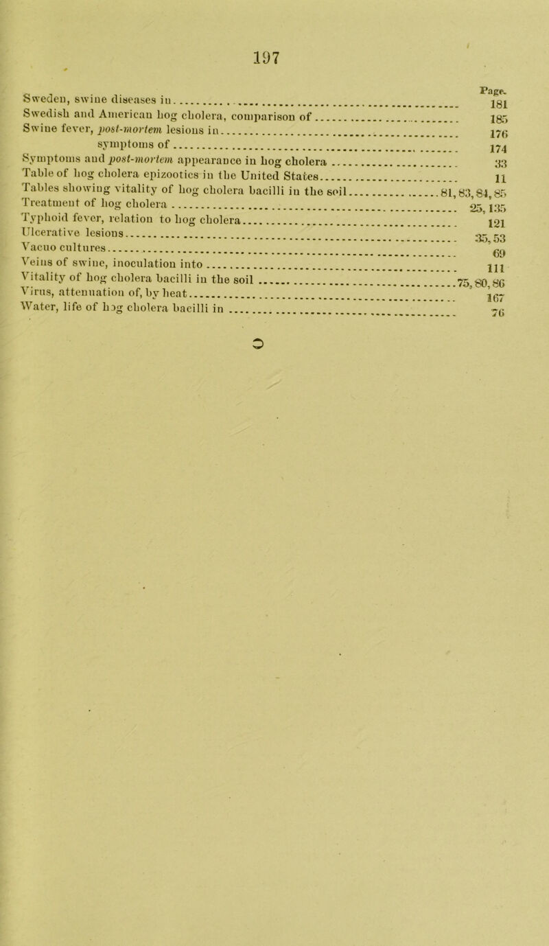 Sweden, swine diseases in Swedish and American hog cholera, comparison of Swine fever, post-mortem lesions in symptoms of Symptoms post-mortem appearance in hog cholera Table of hog cholera epizootics in the United States Tables showing vitality of hog cholera bacilli in the soil Treatment of hog cholera Typhoid fever, relation to hog cholera Ulcerative lesions Vacuo cultures V^eins of swine, inoculation into Vitality of hog cholera bacilli in the soil Virus, attenuation of, by heat Water, life of hjg cholera bacilli in Page, 181 185 17f> 174 53 11 81,83,84,85 ... 25,135 121 ... :15,53 €9 111 ...75,80,86 167 76 O