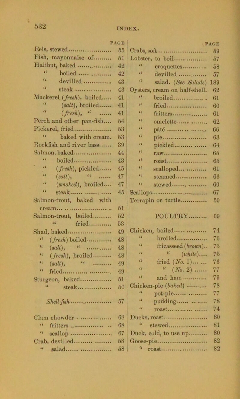 INDEX. PAGE Eels, stewed 55 Fish, mayonnaise of 51 Halibut, baked 42 “ boiled 42 “ devilled 43 steak 43 Mackerel (fresh), boiled 41 “ (salt), broiled 41 “ (fresh), “ 41 Perch and other pan-fisli.... 54 Pickerel, fried 53 “ baked with cream. 53 Rockfish and river bass 39 Salmon, baked 44 “ boiled 43 ‘‘ (fresh), pickled 45 “ (salt), “ 47 “ (smoked), broiled.... 47 “ steak 45 Salmon-trout, baked with cream 51 Salmon-trout, boiled 52 “ fried 53 Shad, baked 49 “ (fresh) boiled 4S ‘‘ (salt), “ 48 “ (fresh), broiled 48 “ (salt), “ 49 “ fried 49 Sturgeon, baked 51 “ steak 50 Shed-fish 57 Clam chowder CS “ fritters 68 | “ scallop 67 | Crab, devilled 58 “ salad 58 PAGE Crabs, soft 69 Lobster, to boil 57 it croquettes 58 ti devilled 57 U salad. (See Salads) 189 Oysters, cream on half-shell. 62 ti broiled 61 t< fried 60 <t fritters 61 it omelette 62 ti pfl.t4 66 tt pie 63 tt pickled 64 a raw 65 ti roast 65 it scalloped 61 it steamed 66 <» stewed 60 Scallops 67 Terrapin or turtle 59 POULTRY 69 Chicken , boiled 74 ii broiled 76 it fricasseed (brown).. 75 tt “ (white).... 75 ti fried (No. 1) 76 it “ (No. 2) 77 tt and ham 79 Chicken-pie (baked) 78 tt pot-pie 77 ti pudding 78 tt roast 74 Ducks, roast 80 “ stewed 81 Duck, cold, to use up 80 Goose-pie 82 ‘‘ roast 82