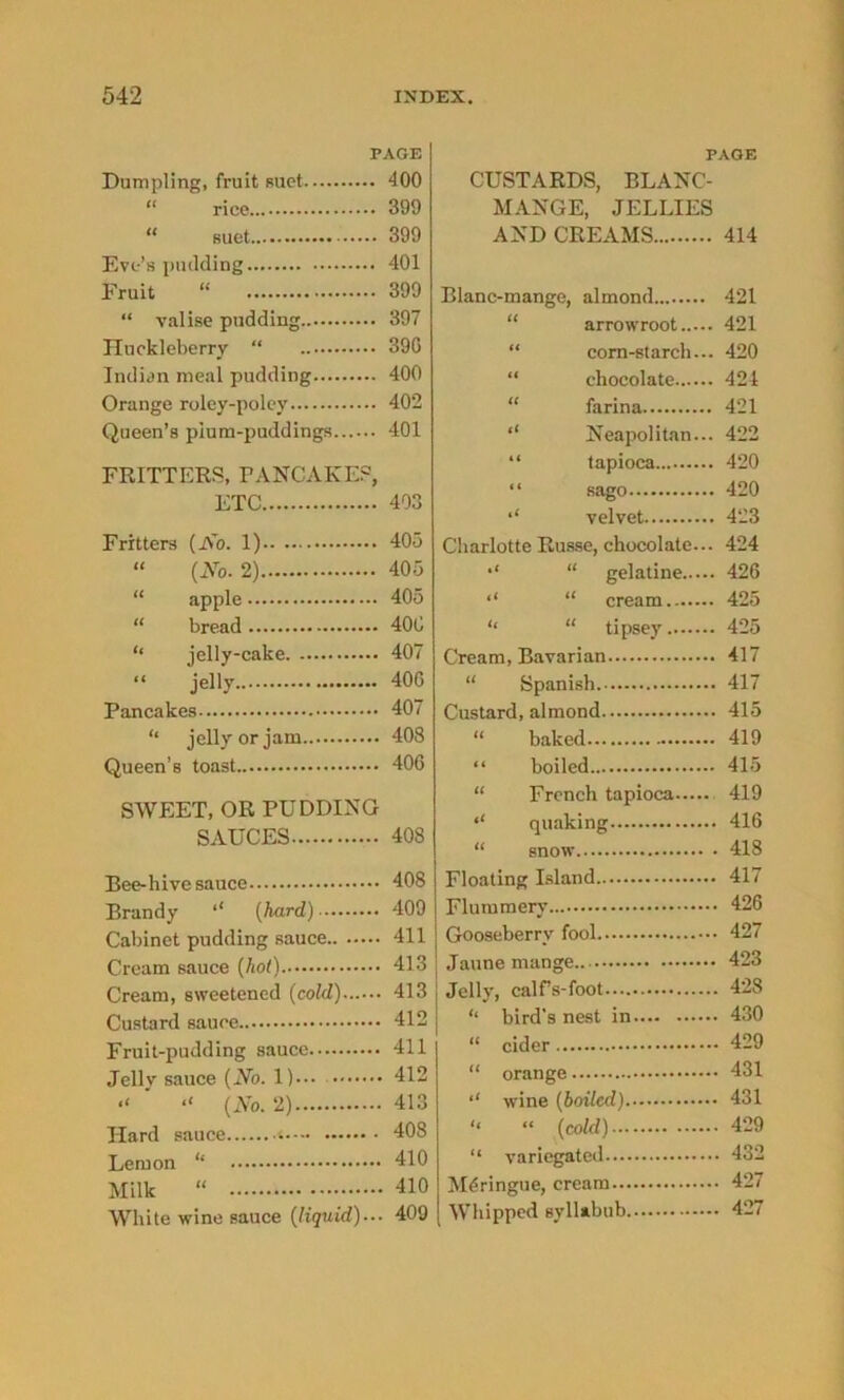 PAGE Dumpling, fruit suet 400 “ rice 399 “ suet 399 Eve’s pudding 401 Fruit “ 399 “ valise pudding 397 Huckleberry “ 39G Indian meal pudding 400 Orange roley-poley 402 Queen’s pium-puddings 401 FRITTERS, PANCAKE^ ETC 403 Fritters (No. 1) 405 “ (No. 2) 405 “ apple 405 “ bread 400 ** jelly-cake 407 “ jelly 400 Pancakes 407 ‘‘ jelly or jam 408 Queen’s toast 400 SWEET, OR PUDDING SAUCES 40S Bee-hive sauce 408 Brandy (hard) 409 Cabinet pudding sauce 411 Cream sauce (hot) 413 Cream, sweetened (cold) 413 Custard sauce 412 Fruit-pudding sauce 411 Jelly sauce (No. 1)... 412 “ ’ “ (No. 2) 413 Hard sauce 408 Lemon ‘‘ 410 Milk “ 410 White wine sauce (liquid)... 409 PAGE CUSTARDS, BLANC- MANGE, JELLIES AND CREAMS 414 Blanc-mange, almond 421 (( arrowroot . 421 ft corn-starch... . 420 It chocolate . 421 (( farina 421 ft Neapolitan... 422 it tapioca . 420 ti sago . 420 it velvet . 423 Charlotte Russe, chocolate... . 424 • ( “ gelatine.... . 420 it “ cream . 425 it “ tipsey . 425 Cream, Bavarian . 417 “ Spanish 417 Custard, almond 415 “ baked 419 “ boiled 415 “ French tapioca 419 quaking 410 “ snow 418 Floating Island 417 Flummery 420 Gooseberry fool 427 Jaune mange 423 Jelly, calf’s-foot 428 '* bird’s nest in 430 “ cider 429 “ orange 431 ‘‘ wine (boiled) 431 “ “ (cold) 429 “ variegated 432 Meringue, cream 427 Whipped syllabub 427