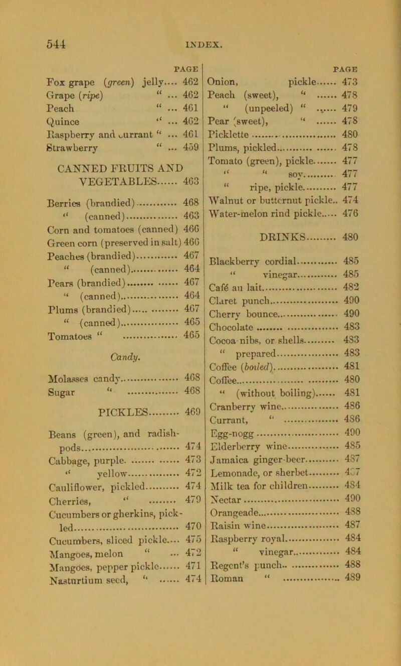 PAGE PAGE Fox grape (green) jelly.... 462 Grape (ripe) “ ... 462 Peach “ ... 461 Quince ••• 462 Raspberry and currant “ ... 461 Strawberry “ ... 469 CANNED FRUITS AND VEGETABLES 463 Berries (brandied) 468 ‘‘ (canned) 463 Corn and tomatoes (canned) 466 Green com (preserved insult) 466 Peaches (brandied) 467 “ (canned) 464 Pears (brandied) 467 “ (canned) 464 Plums (brandied) 467 “ (canned) 465 Tomatoes “ 465 Candy. Molasses candy 468 Sugar “ 468 PICKLES 469 Beans (green), and radish- pods 4(4 Cabbage, purple 473 iC yellow 472 Cauliflower, pickled 4/4 Cherries, ** 479 Cucumbers or gherkins, pick- led 470 Cucumbers, sliced pickle.... 475 Mangoes, melon “ ••• 4/2 Mangoes, pepper pickle 471 Nasturtium seed, ‘‘ 474 Onion, pickle 473 Peach (sweet), ‘‘ 478 “ (unpeeled) “ .v... 479 Pear (sweet), “ 478 Picklctte 480 Plums, pickled 478 Tomato (green), pickle 477 “ “ sov 477 “ ripe, pickle 477 Walnut or butternut pickle.. 474 Water-melon rind pickle 476 DRINKS 480 Blackberry cordial 485 “ vinegar 485 Cafe an lait 482 Claret punch 490 Cherry bounce 490 Chocolate 483 Cocoa nibs, or shells 4S3 “ prepared 483 Coffee (boiled) 481 480 “ (without boiling) 481 Cranberry wine 486 Currant, “ 4S6 Lgg-nogg 490 Elderberry wine 485 Jamaica ginger-beer 4S7 Lemonade, or sherbet 4C7 Milk tea for children 4S4 490 Orangeade 438 Raisin wine 4S7 Raspberry royal 484 “ vinegar 484 Regent’s punch 4S8 Roman “ 489