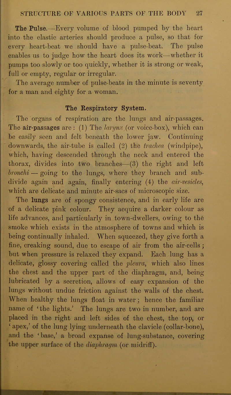 The Pulse.—Every volume of blood pumped by the heart into the elastic arteries should produce a pulse, so that for every heart-beat we should have a pulse-beat. The pulse enables us to judge how the heart does its work—whether it pumps too slowly or too quickly, whether it is strong or weak, full or empty, regular or irregular. The average number of pulse-beats in the minute is seventy for a man and eighty for a woman. The Respiratory System. The organs of respiration are the lungs and air-passages. The air-passages are : (1) The larynx (or voice-box), which can be easily seen and felt beneath the lower jaw. Continuing downwards, the air-tube is called (2) the trachea (windpipe), which, having descended through the neck and entered the thorax, divides into two branches—(3) the right and left bronchi — going to the lungs, where they branch and sub- divide again and again, finally entering (4) the cdr-vesicles, which are delicate and minute air-sacs of microscopic size. The lungs are of spongy consistence, and in early life are of a delicate pink colour. They acquire a darker colour as life advances, and particularly in town-dwellers, owing to the smoke which exists in the atmosphere of towns and which is being continually inhaled. When squeezed, they give forth a fine, creaking sound, due to escape of air from the air-cells ; but when pressure is relaxed they expand. Each lung has a delicate, glossy covering called the pleura, which also lines the chest and the upper part of the diaphragm, and, being lubricated by a secretion, allows of easy expansion of the lungs without undue friction against the walls of the chest. When healthy the lungs float in water; hence the familiar name of ‘ the lights.’ The lungs are two in number, and are placed in the right and left sides of the chest, the top, or ‘ apex,’ of the lung lying underneath the clavicle (collar-bone), and the ‘base,’ a broad expanse of lung-substance, covering the upper surface of the diaphragm (or midriff).