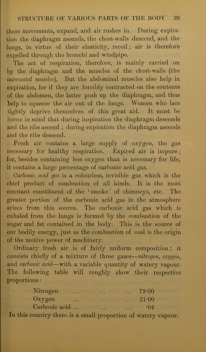 these movements, expand, and air rushes in. During expira- tion the diaphragm ascends, the chest-walls descend, and the lungs, in virtue of their elasticity, recoil; air is therefore expelled through the bronchi and windpipe. The act of respiration, therefore, is mainly carried on by the diaphragm and the muscles of the chest-walls (the intercostal muscles). But the abdominal muscles also help in expiration, for if they are forcibly contracted on the contents of the abdomen, the latter push up the diaphragm, and thus help to squeeze the air out of the lungs. Women who lace tightly deprive themselves of this great aid. It must be borne in mind that during inspiration the diaphragm descends and the ribs ascend ; during expiration the diaphragm ascends and the ribs descend. Fresh air contains a large supply of oxygen, the gas necessary for healthy respiration. Expired air is impure; for, besides containing less oxygen than is necessary for life, it contains a large percentage of carbonic acid gas. Carbonic acid gas is a colourless, invisible gas which is the chief product of combustion of all kinds. It is the most constant constituent of the ‘ smoke5 of chimneys, etc. The greater portion of the carbonic acid gas in the atmosphere arises from this source. The carbonic acid gas which is exhaled from the lungs is formed by the combustion of the sugar and fat contained, in the body. This is the source of our bodily energy, just as the combustion of coal is the origin of the motive power of machinery. Ordinary fresh air is of fairly uniform composition; it consists chiefly of a mixture of three gases—nitrogen, oxygen, and carbonic acid—with a variable quantity of watery vapour. The following table will roughly show their respective proportions : Nitrogen Oxygen Carbonic acid ... 79-00 21-00 •04 In this country there is a small proportion of watery vapour.