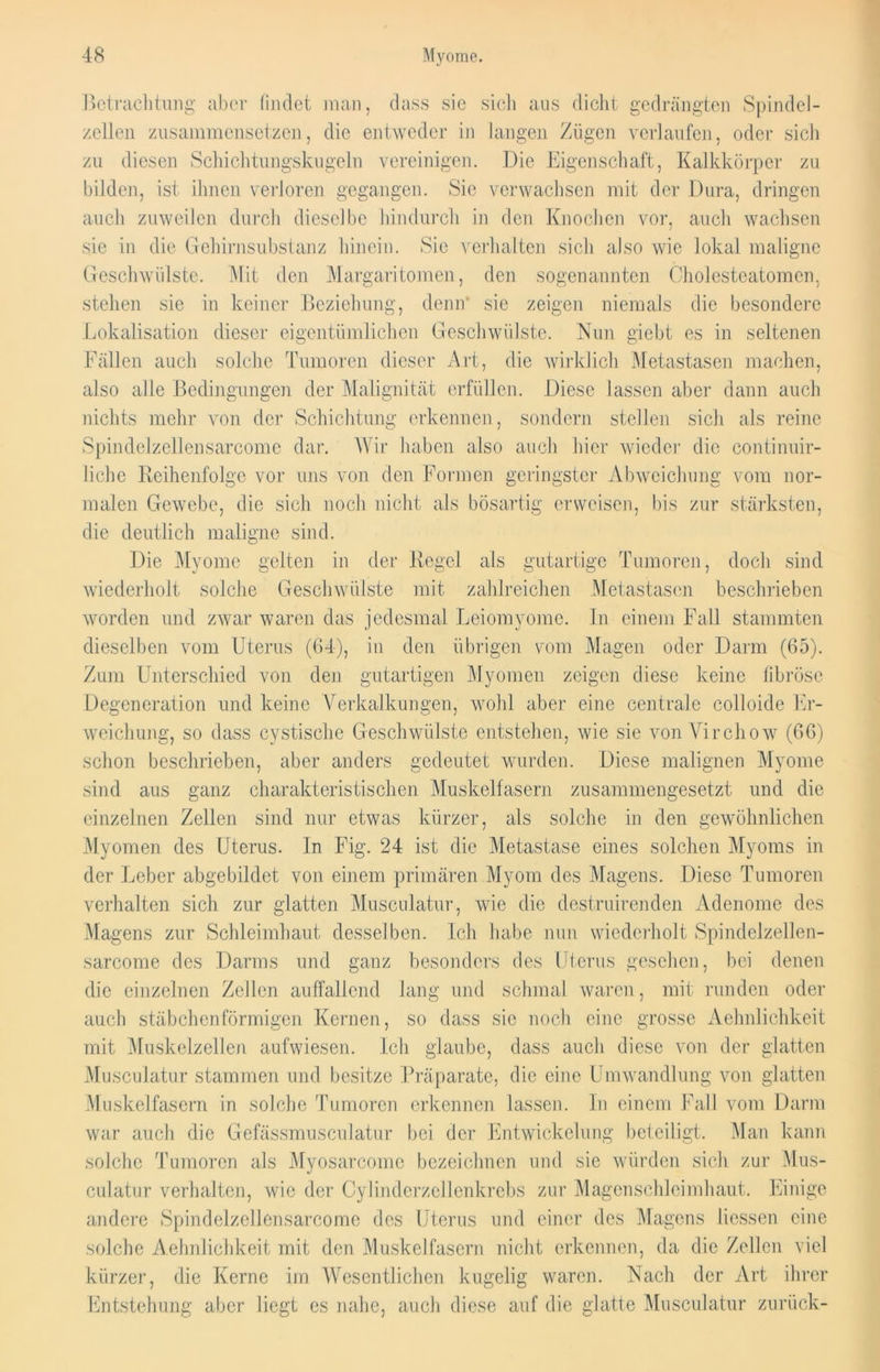 Betrachtung’ aber findet man, dass sie sieh aus dicht gedrängten Spindel- zellen zusammensetzen, die entweder in langen Zügen verlaufen, oder sich zu diesen Schichtungskugeln vereinigen. Die Eigenschaft, Kalkkörper zu bilden, ist ihnen verloren gegangen. Sie verwachsen mit der Dura, dringen auch zuweilen durch dieselbe hindurch in den Knochen vor, auch wachsen sie in die Gehirnsubstanz hinein. Sie verhalten sich also wie lokal maligne Geschwülste. Mit den Margaritomen, den sogenannten Cholesteatomen, stehen sie in keiner Beziehung, denn* sie zeigen niemals die besondere Lokalisation dieser eigentümlichen Geschwülste. Nun giebt es in seltenen Fällen auch solche Tumoren dieser Art, die wirklich Metastasen machen, also alle Bedingungen der Malignität erfüllen. Diese lassen aber dann auch nichts mehr von der Schichtung erkennen, sondern stellen sich als reine Spindelzellensarcome dar. Wir haben also auch hier wieder die continuir- liche Reihenfolge vor uns von den Formen geringster Abweichung vom nor- malen Gewebe, die sich noch nicht als bösartig erweisen, bis zur stärksten, die deutlich maligne sind. Die Myome gelten in der Regel als gutartige Tumoren, doch sind wiederholt solche Geschwülste mit zahlreichen Metastasen beschrieben worden und zwar waren das jedesmal Leiomyome, ln einem Fall stammten dieselben vom Uterus (64), in den übrigen vom Magen oder Darm (65). Zum Unterschied von den gutartigen Myomen zeigen diese keine librösc Degeneration und keine Verkalkungen, wohl aber eine centrale colloide Er- weichung, so dass cystische Geschwülste entstehen, wie sie von Virchow (66) schon beschrieben, aber anders gedeutet wurden. Diese malignen Myome sind aus ganz charakteristischen Muskelfasern zusammengesetzt und die einzelnen Zellen sind nur etwas kürzer, als solche in den gewöhnlichen Myomen des Uterus. In Fig. 24 ist die Metastase eines solchen Myoms in der Leber abgebildet von einem primären Myom des Magens. Diese Tumoren verhalten sich zur glatten Muscnlatur, wie die destruirenden Adenome des Magens zur Schleimhaut desselben. Ich habe nun wiederholt Spindelzellen- sarcome des Darms und ganz besonders des Uterus gesehen, bei denen die einzelnen Zellen auffallend lang und schmal waren, mit runden oder auch stäbchenförmigen Kernen, so dass sie noch eine grosse Aehnlichkeit mit Muskelzellen aufwiesen. Ich glaube, dass auch diese von der glatten Muscnlatur stammen und besitze Präparate, die eine Umwandlung von glatten Muskelfasern in solche Tumoren erkennen lassen. In einem Fall vom Darm war auch die Gefässmusculatur bei der Entwickelung beteiligt. Man kann solche Tumoren als Myosarcomc bezeichnen und sie würden sich zur Mus- culatur verhalten, wie der Cylindcrzellenkrebs zur Magenschleimhaut. Einige andere Spindelzellensarcome des Uterus und einer des Magens Hessen eine solche Aehnlichkeit mit den Muskelfasern nicht erkennen, da die Zellen viel kürzer, die Kerne im Wesentlichen kugelig waren. Nach der Art ihrer Entstehung aber liegt es nahe, auch diese auf die glatte Musculatur zurück-