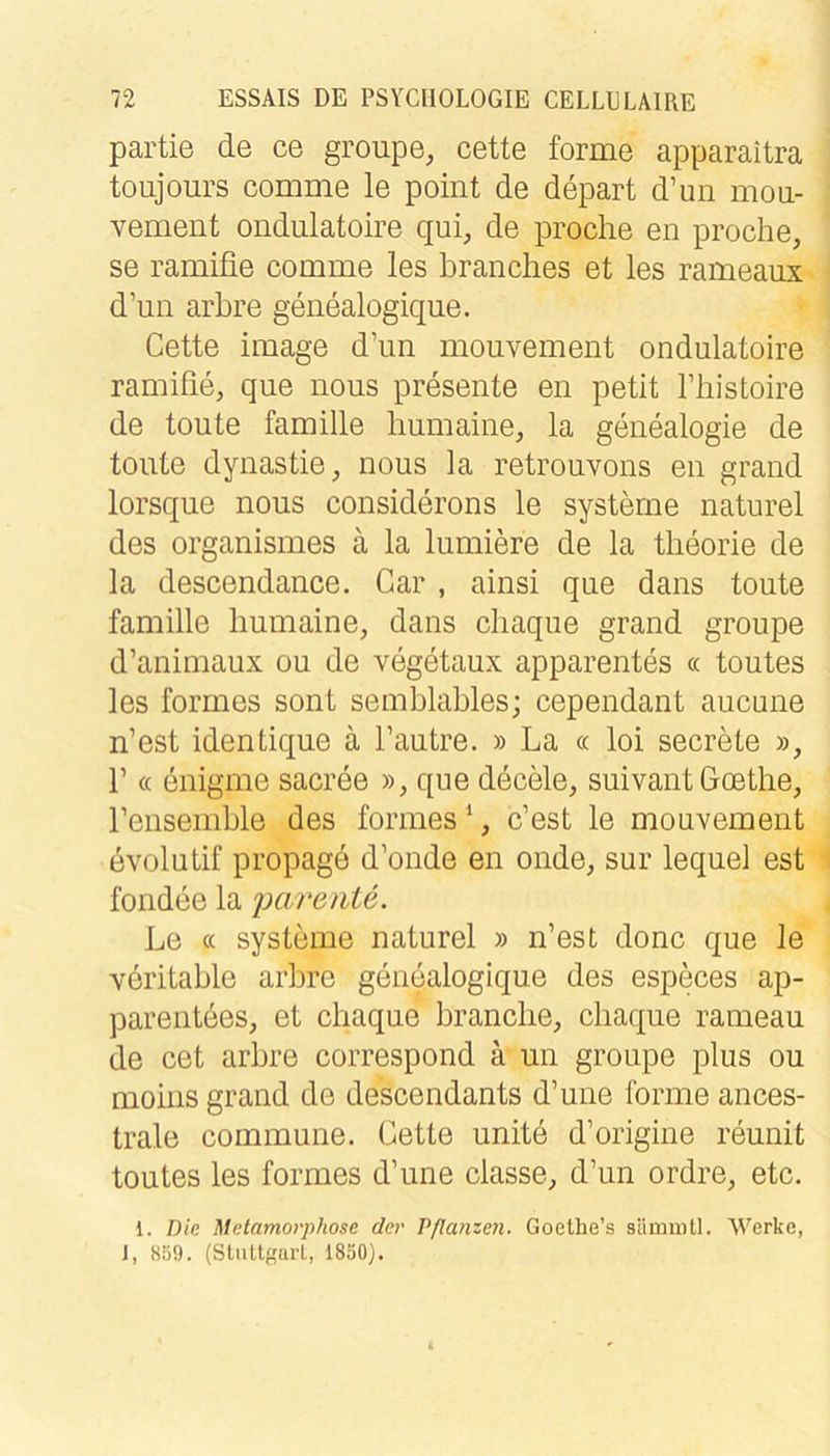 partie de ce groupe, cette forme apparaitra toujours comme le point de depart d’un moa- vement ondulatoire qui, de proclie en proche, se ramifie comme les branches et les rameaux d’un arbre genealogique. Cette Image d’im mouvement ondulatoire ramifie, que nous presente en petit l’liistoire de toute famille liumaine, la genealogie de tonte dynastie, nous la retrouvons en grand lorsque nous considerons le Systeme naturel des organismes ä la lumiere de la tlieorie de la descendance. Gar , ainsi que dans toute famille liumaine, dans cliaque grand groupe d’animaux ou de vegetaux apparentes « toutes les forrnes sont semblables; cependant aucune n’est identique ä l’autre. » La « loi secrete », r « enigme sacree », que decele, suivant Goethe, rensemble des forrnesc’est le mouvement övolutif propage d’onde en onde, sur lequel est fondee la ixire^ite. Le c( Systeme naturel » n’est donc que le veritable arbre genealogique des especes ap- parentees, et chaque brauche, cliaque rameau de cet arbre correspond ä un groupe plus ou moiiis grand de descendants d’une forme ances- trale commune. Cette unite d’origine reunit toutes les forrnes d’une classe, d’un ordre, etc. 1. Die Metamorphose der Vflanzen. Goethe’s sümiiitl. Werke, J, 859. (StiiltarL, 1850).