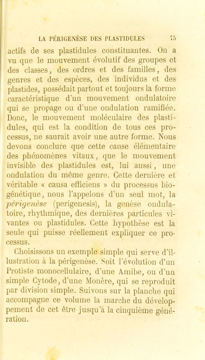 actifs de ses plastidules Constituantes. On a vu que le mouvement evoluLif des groupes et des classes, des ordres et des familles, des genres et des especes, des individus et des plastides, possedait partout et toujours la forme caracleristique dun mouvement ondulatoire qui se propage ou d’une Ondulation ramifiee. Donc, le mouvement moleculaire des plasti- dules, qui est la condition de tous ces pro- cessus, ne saurait avoir une autre forme. Nous devons conclure que cette cause elementaire des pbenomenes vitaux, que le mouvement invisible des plastidules est, lui aussi, une Ondulation du meme genre. Cette derniere et veritable « causa efbciens » du processus bio- genetique, nous l’appelons d’un seul mot, la j)erigenese (perigenesis), la genese ondula- toire, rbytbmique, des dernieres particules vi- vantes ou plastidules. Cette bypotbese est la seule qui puisse reellement expliquer ce pro- cessus. Cboisissons un exemple simple qui serve d’il- lustration ä la perigenese. Soit levolution d’un Protiste monocellulaire, d’une Amibe, ou d’un simple Cytode, d’une Monere, qui se reproduit par division simple. Suivoris sur la plancbe qui accompagne ce volume la rnarcbe du develop- pement de cet 6tre jusqu’ä la cinquieme gene- ration.