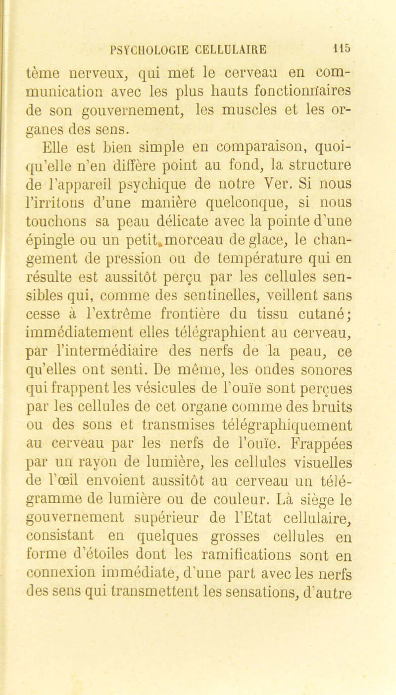 teme nerveux, qui met le cerveau en com- munication avec les plus liauts fonctionn’aires de son gouvernement, les muscles et les Or- ganes des sens. Elle est bien simple en comparaison, quoi- qu’elle n’en differe point au fond, la structure de l’appareil psycliique de notre Ver. Si nous rinitons d’une maniere quelconque, si nous touchons sa peau delicate avec la pointe d’une epingle ou un petiUmorceau de glace, le chan- gement de pression ou de temperature qui en resulte est aussitöt percu par les cellules sen- sibles qui, comme des sentinelles, veillent sans cesse ä Textreme frontiere du tissu cutane; immediatement eiles telegraphient au cerveau, par rintermediaire des nerfs de la peau, ce qu elles ont senti. De meine, les ondes sonores qui frappent les vesicules de l’ouie sont percues par les cellules de cet organe comme des bruits ou des sons et transmises telegrapliiquement au cerveau par les nerfs de Touie. Frappees par un rayon de lumiere, les cellules visuelles de Toeil envoient aussitöt au cerveau un tele- gramme de lumiere ou de couleur. La siege le gouvernement superieur de FEtat cellulaire, consistant en quelques grosses cellules en forme d’etoiles dont les ramifications sont en connexion immediate, d’une part avec les nerfs des sens qui transmettent les sensations, d’autre