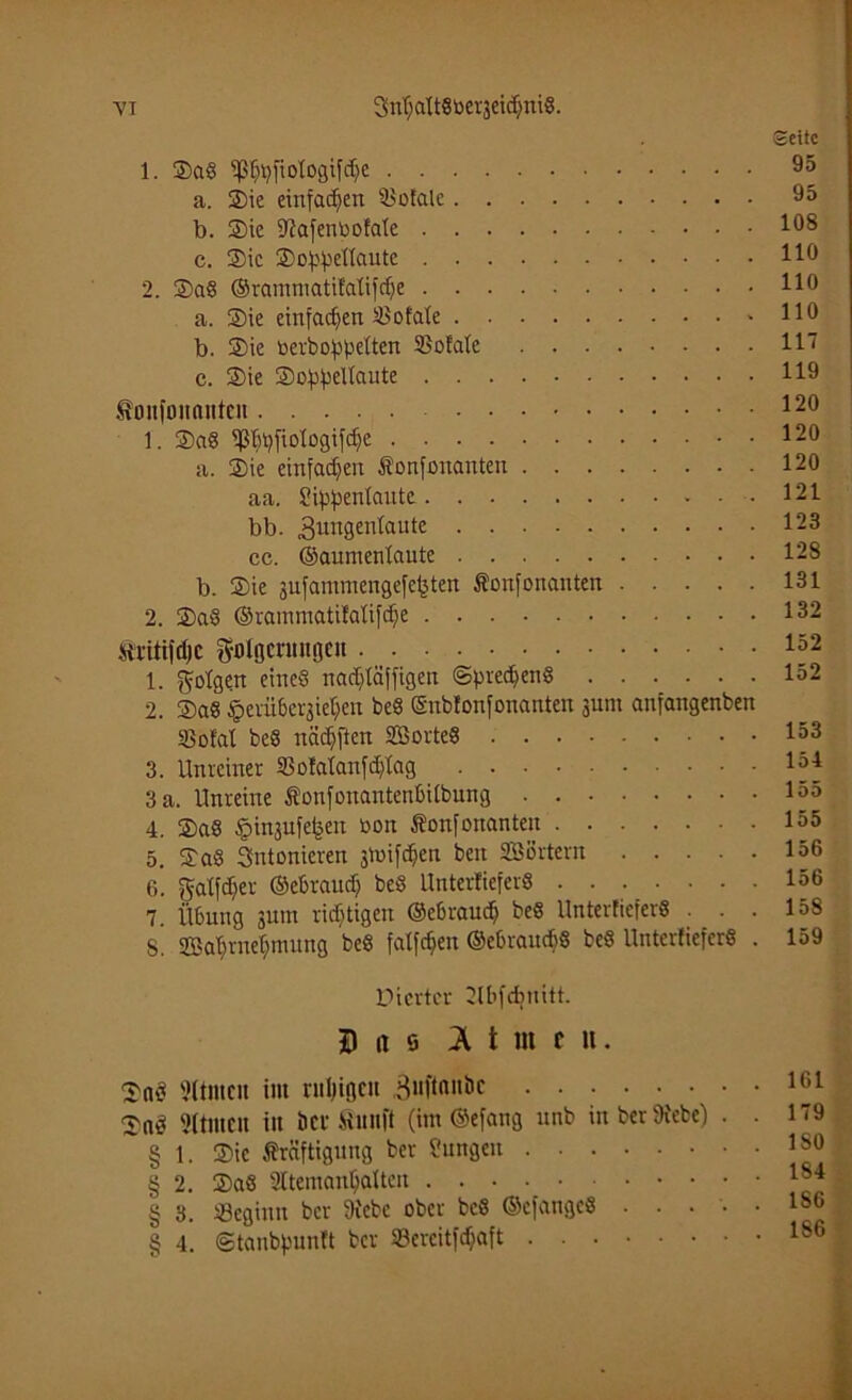 SnEjattSberjeidjniS. VT 1. Seid IßljpfioEogifdje a. Sie einfachen totale b. Sie D^afenüofate c. Sic Soppellautc 2. Sa8 ©rcunniatiEaEifcfte a. Sie einfachen totale b. Sie berboppelten SBofale c. Sie Soppeltaute .fonfonnntcn 1. Sa§ ißbpfioEogifcpe a. Sie einfachen Konfouanteu aa. PippenEcutte bb. 3un9en^autc cc. ©aumenEaute b. Sie 3ufammengefc(3ten Konfonanten 2. Sa8 ©rammatifaEifcpe fritifcEjc 5-olj]cnuigcn 1. folgen eines ncutyläffigen ©precpenS 2. Sa8 §evü6er3tct)eu be§ ©nbfonfonanten jum anfangenben SBofat be8 näcEjften 2ßorte8 3. Unreiner SBofaEanfcpIag 3 a. Unreine KoufouantenbiEbung 4. Sa8 §in3ufefeen bon Konfouanteu 5. Sa8 Snionieven ätuifcEjen ben 23örtern 6. gatfdjer ©ebraucE) be8 Unterlief er8 . • • • • • • 7 Übung jum richtigen ©cbraucf) be8 UnterfieferS . . . s' 2ßaprnepmung beS fatfcpen ©ebraud?8 beS Unterfiefer8 . Seite 95 95 108 110 110 110 117 119 120 120 120 121 123 128 131 132 152 152 153 154 155 155 156 156 158 159 Diertcr Ubfcbnitt. Das 31 t nt t it. Snö 9ttntcn int nt^igeu Suftanbc 9ttiueit in ber Siunft (im ©efang unb inberfh'ebe) . § 1. Sic Kräftigung ber Pungen § 2. Sa8 SEtemanpaltcn § 3. 23eginn ber ÜEebc ober be8 ©cfangcö • • • • § 4. ©tanbpunft ber 33creitfd)aft 161 179 ISO 184 186 186