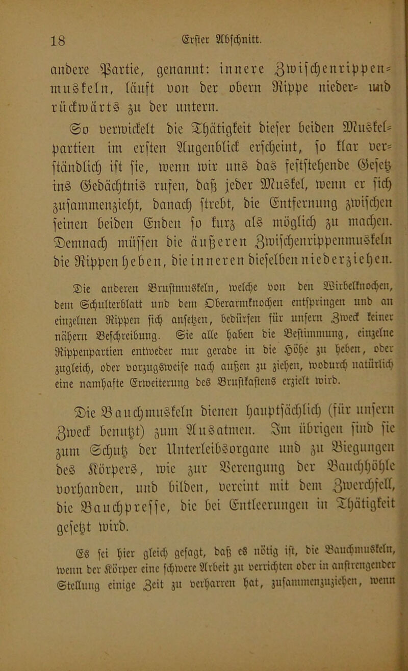 anbete Partie, genannt: innere 3 mifdjen rippen* muSfeln, läuft Don ber obern 9iippe nieber* unb riidmärtS 51t ber untern. @0 oertoidelt bie i£l)ätigfeit biefer beiben SD?u§fet= Partien im erften Slugenblid erfdfeint, fo ftar ncr* ftänbliclj ift [ie, tuemt mir uns? ba§ feftftepenbc Eefetj inS ©ebäcl)tni§ rufen, baf3 jeber 9Mfel, mcnn er fid) ^ufammengiept, banadj ftrebt, bie Entfernung -poifdjen feinen beiben Enbcit fo fing als möglidj 511 madjen. ©emnad) rnüffen bie äußeren ^mifdjenrippenmuSfeln bie Sippen peben, bie inneren biefelbcit niebergjiefjen. Sie anbercn tBruftmuSfeln, luctcpe bott beit 2Bir6elfnoc§en, bent @$ütterf>tatt unb bem Dkratmfitodjen entfpringen unb an enteilen Stippen fid) anfepen, bcbiirfett für ltnfcra feiner nähern 2Sefcf>rei6ung. @ie alte baten bie 93eftimnmng, eingetne Stippenpartien entiueber nur gerabe in bie £)öf;e 31t Ije&ctt, ober 3ugteid), ober Do^ugölücife uarft äugen ju sieben, luoburd) natürlich eine namhafte (Srtoeiterung bc6 23ruftfaiicu8 erjiett toirb. Sie SaudjmuSleln bienen Ijauptfädjiid) (für unfern ßmed benutzt) 511111 51 uS atmen. 8m übrigen ftnb fic gum <3dju(j ber Unterleibsorgane unb 51t Biegungen bcS Körpers, mic 5111- Verengung ber Saudjljöple üorljanbcn, unb bilben, vereint mit bau gmerdjfcll, bie Sa 11 d)preffe, bie bei Entleerungen in £l)ätigfeit gefegt mirb. m fei liier gteief) gefagt, bafe c8 nötig ift, bie SBaucßniuSfctn, meint ber Äörper eine fernere Strbcit 31t i'crricfitcn ober in anftrengenber (Stellung einige 3cit 31t beharren ^at, sufamincmmicficn, wenn