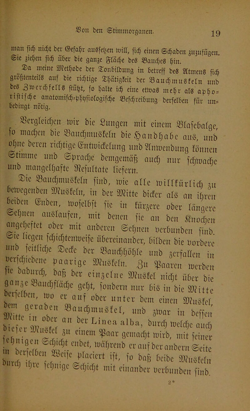 man fiel) nicfit bei* ©efafir augfeljen ixtiCC, ftc§ einen ©traben jujufügen. @ie sieben fteß über bie gan3e gtöc$e beg Saudjeg $in. ti®a n,e’ne ber SEonfcitbung in betreff beg STtmeng fidj größtenteils auf bie richtige Stjätigfeit ber SBaudfjmugfetn unb beg 3toer<5feng ftiifet, fo $atte ic$ eine etinag nte^r atg apßo = rüttle anatomifd5^ftorogifd5e «eföreibung berfelben für un= bebingt nötig. dergleichen toir bie Sungen mit einem 231afc6afge, !‘o machen bie Saud^mugfefn bie^anblja&e mt§ unb ofjne bereu richtige (Snttoidelung unb STntoenbung lönnen stimme unb «Sprache bemgemäjj nitefj nur fcfitoadje 11 nb mangelhafte Kefuftate liefern. Sie Saudjmusfelrt finb, mie alle toillfürlidj m bemegenben «KuSfeln, in ber «Kitte biefer alz an ihren fe rn @nben, tnofelbft fic i„ fiiräere ober u„^m C),’C auMnu'™' mlt benot fie an beit fnoctien angebeftet ober mit «liberal ©cljneit nerbunben finb. ®“ (,.c8e W'ctjteimieife tibereiiianber, Silben bie «ortete ■mb leWicTje SecFe ber SBau^fe unb äerfaHe„ i„ n iltf,,ebene paarige fWuäfetn. 3„ Sß„orc„ teerben ftc boburct), bo§ ber eiitjeliie mm „ict;t über bie 0oit,iC XHiuicfifEäefje gebt, fonberit mir bis in bie SKittc eifc cn, mo er auf ober unter bem einen ä)hi§fcf bem 0Cl.„bC SBait^muglel, unb jurar in beffeir' iiTtvmm aba Linea alb,l> burtI) t|ei JJ.uSfef ju einem Sßaar gemadjt mivb, mit (einer ]c Jiiigcit äiimtjt enbet, tnntjreiib er auf bet anbern Seite burefit 6C‘! rSC',C t>t°Cia't ifi' f“ b“6 t,cit,c »««Mi. buu() tl)vc fefnngc ©cr,ic(,t mit einonbev nerbunben finb.