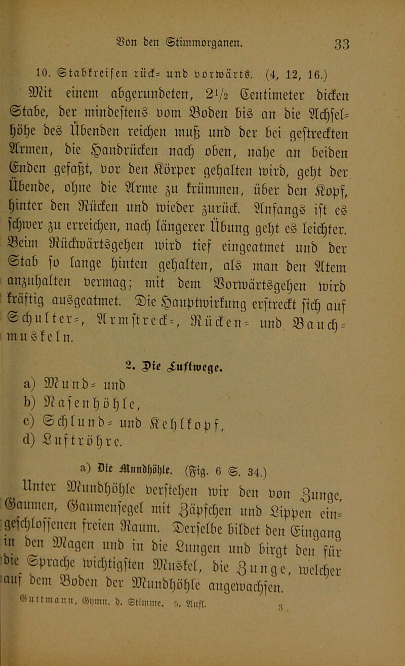 10. ©tabfreifen riicf = unb bortoärtö. (4, 12, 16.) 99?it einem abgerunbeten, 21/2 Zentimeter btcfen ©täte, ber minbeftenS Dom SBobert bis an bie Stufet f)ö§e beS Übenbcn reichen mujj 1111b ber bei geftredten Firmen, bie ^anbrüden na cf) oben, nafje an beiben ®nben gefaxt, Dor ben Körper gehalten mirb, gept ber Übenbe, opne bie Slrnte 31t frümmen, über ben Hopf, l)inter ben Siücfen itnb Imeber 3111m d. StnfangS ift cS feiner 31t erreichen, naclj längerer Übung geljt eS leichter. Seim SiüdroärtSgepen mirb tief eingeatmet itnb ber ®tab fo lange hinten gehalten, als man ben Sltem aitju^alten bermag; mit bem SormärtSgepen mirb fräftig auSgeatmet. Sie £auptmirfung erftreeft fiep auf © cp u 11 e r *, Strmftrecf =, «Rüden* nnb «Bancfi* m u S f e t n. 2. Luftwege. a) SO?nnb* nnb b) 9?afenpöple, c) © d) l u it b * nnb ßeplfopf, d) Suftrüprc. a) Die ittimiil)öl)le. (fttg. 6 @. 34.) Unter 90?unbpöpte berftepen mir ben Don ßnngc, ©anmen, ©aumenfeget mit Bäpfdjen nnb Sippen ein* getroffenen freien «Raum. Serfetbe bitbet ben ©ingang nt ben SJtagen unb in bie Sungen unb birgt beit für bte_@pracl)c mictjtigfteu 9J?uSfel, bie Bunge, meid,er [ouf ‘)cm Sobcit ber Sc'unbpöplc angemaepfen. ©uttmaiiit, ©tjmii. b. Stimme. 5. stuft. 3