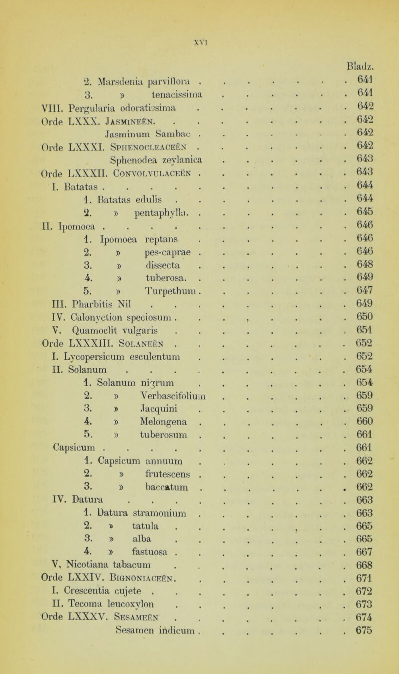 Bladz. 2. Marsdenia parvillora ....... 641 3. » tenacissima ...... 641 VIII. Pergularia odoratissima 642 Orde LXXX. Jasmineën 642 Jasminum Sambac ....... 642 Orde LXXXI. Spiienocleaceën 642 Sphenodea zeylanica 643 Orde LXXXII. Convolyulaceën 643 I. Batatas 644 1. Batatas edulis 644 2. » pentaphylla. ....... 645 LI. Ipomoea ........... 646 1. Ipomoea reptans ....... 646 2. y> pes-caprae ....... 646 3. » dissecta ....... 648 4. » tuberosa. ....... 649 5. » Turpethuni....... 647 III. Pharbitis Nil ......... 649 IV. Calonyction speciosum ........ 650 V. Quamoclit vulgaris ........ 651 Orde LXXXIII. Solaneën 652 I. Lycopersicum esculentum ....... 652 II. Solanum .......... 654 1. Solanum nigrum ....... 654 2. » Verbascifolium ...... 659 3. » .lacquini ....... 659 4. )> Melongena ....... 660 5. » tuberosu m 661 Capsicum 661 1. Capsicum annuum 662 2. » frutescens ....... 662 3. » baccatum 662 IV. Datura 663 1. Datura stramonium ....... 663 2. * tatula . . 665 3. » alba ........ 665 4. » fastuosa ........ 667 V, Nicotiana tabacum 668 Orde LXXIV. Bignoniaceën 671 I. Crescentia cujete 672 II. Tecoma leucoxylon . . 673 Orde LXXXV. Sesameën 674 Sesamen indicum ....... 675