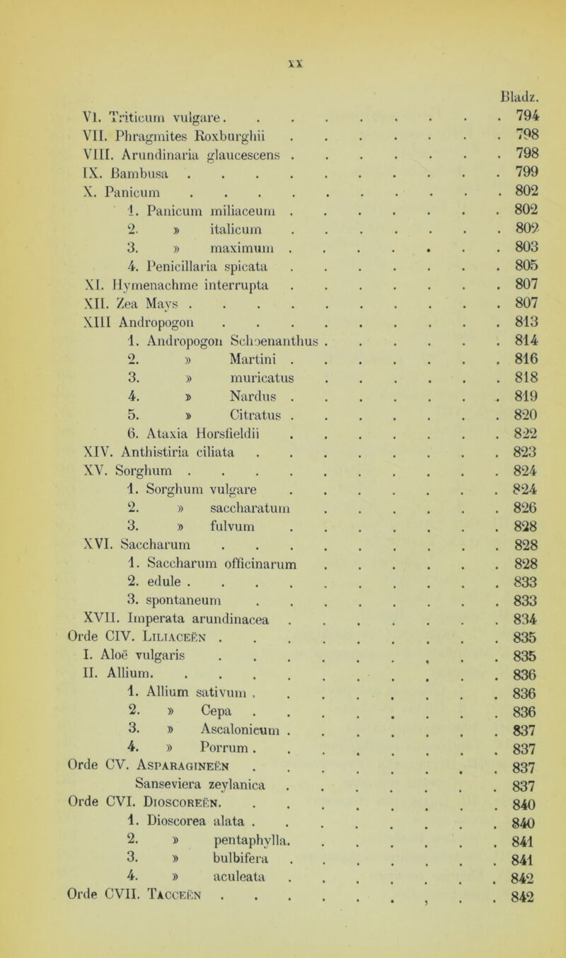 Vl. Triticum vulgare. VIL Phragmites Roxburghii VIII. Arundinaria glaucescens IX. Bambusa X. Panicum 1. Panicum miliaceum 2. » italicum 3. » maximum 4. Penicillaria spicata XI. Hymenachme interrupta XII. Zea Mays . XIII Andropogon 1. Andropogon Sclioenanthus » Martini » muricatus » Nardus » Citratus 6. Ataxia Horsfieldii XIV. Anthistiria ciliata XV. Sorghum . 2. 3. 4. 5. 1. Sorghum vulgare 2. » saccharatum 3. » fulvum XVI. Saccharum 1. Saccharum officinarum 2. edule .... 3. spontaneum XVII. Imperata arundinacea Orde CIV. Liliaceën . I. Aloë vulgaris II. Allium. 1. Allium sativum . 2. » Cepa 3. » Ascalonicum 4. » Porrum. Orde CV. Asparagineën Sanseviera zeylanica Orde CVI. Dioscoreën. 1. Dioscorea alata . 2. » pentaphylla 3. » bulbifera 4. » aculeata Orde CVII. Tacceën Bladz. . 794 . 798 . 798 . 799 . 802 . 802 . 802 . 803 . 805 . 807 . 807 . 813 . 814 . 816 . 818 . 819 . 820 . 822 . 823 . 824 . 824 . 826 . 828 . 828 . 828 . 833 . 833 . 834 . 835 . 835 . 836 . 836 . 836 . 837 . 837 . 837 . 837 . 840 . 840 . 841 . 841 . 842 . 842