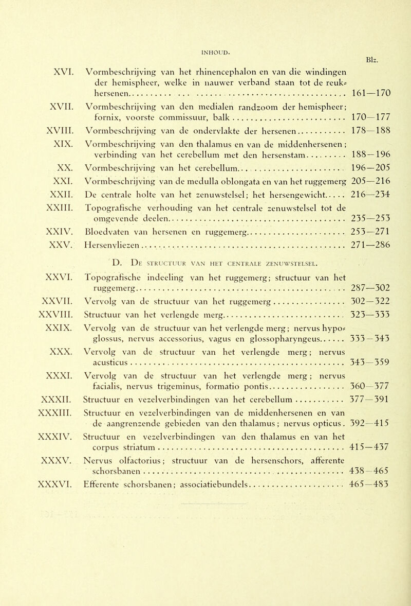 INHOUD. Blz. XVI. Vormbeschrijving van het rhinencephalon en van die windingen der hemispheer, welke in nauwer verband staan tot de reuk= hersenen 161—170 XVII. Vormbeschrijving van den medialen randzoom der hemispheer; fornix, voorste commissuur, balk 170—177 XVIII. Vormbeschrijving van de ondervlakte der hersenen 178—188 XIX. Vormbeschrijving van den thalamus en van de middenhersenen; verbinding van het cerebellum met den hersenstam 188—196 XX. Vormbeschrijving van het cerebellum..., 196 — 205 XXL Vormbeschrijving van de medulla oblongata en van het ruggemerg 205—216 XXII. De centrale holte van het zenuwstelsel; het hersengewicht 216—234 XXIII. Topografische verhouding van het centrale zenuwstelsel tot de omgevende deelen 235—253 XXIV. Bloedvaten van hersenen en ruggemerg 253—271 XXV. LIersenvliezen 271—286 D. De structuur van het centrale zenuwstelsel. XXVI. Topografische indeeling van het ruggemerg; structuur van het ruggemerg 287—302 XXVII. Vervolg van de structuur van het ruggemerg 302—322 XXVIII. Structuur van het verlengde merg 323—333 XXIX. Vervolg van de structuur van het verlengde merg; nervus hypo# glossus, nervus accessorius, vagus en glossopharyngeus 333 — 343 XXX. Vervolg van de structuur van het verlengde merg; nervus acusticus 343—359 XXXI. Vervolg van de structuur van het verlengde merg; nervus facialis, nervus trigeminus, formatio pontis 360—377 XXXII. Structuur en vezelverbindingen van het cerebellum 377 — 391 XXXIII. Structuur en vezelverbindingen van de middenhersenen en van de aangrenzende gebieden van den thalamus; nervus opticus. 392—415 XXXIV. Structuur en vezelverbindingen van den thalamus en van het corpus striatum 415—437 XXXV. Nervus olfactorius; structuur van de hersenschors, afferente schorsbanen 438- 465 XXXVI. Efferente schorsbanen; associatiebundels 465—483