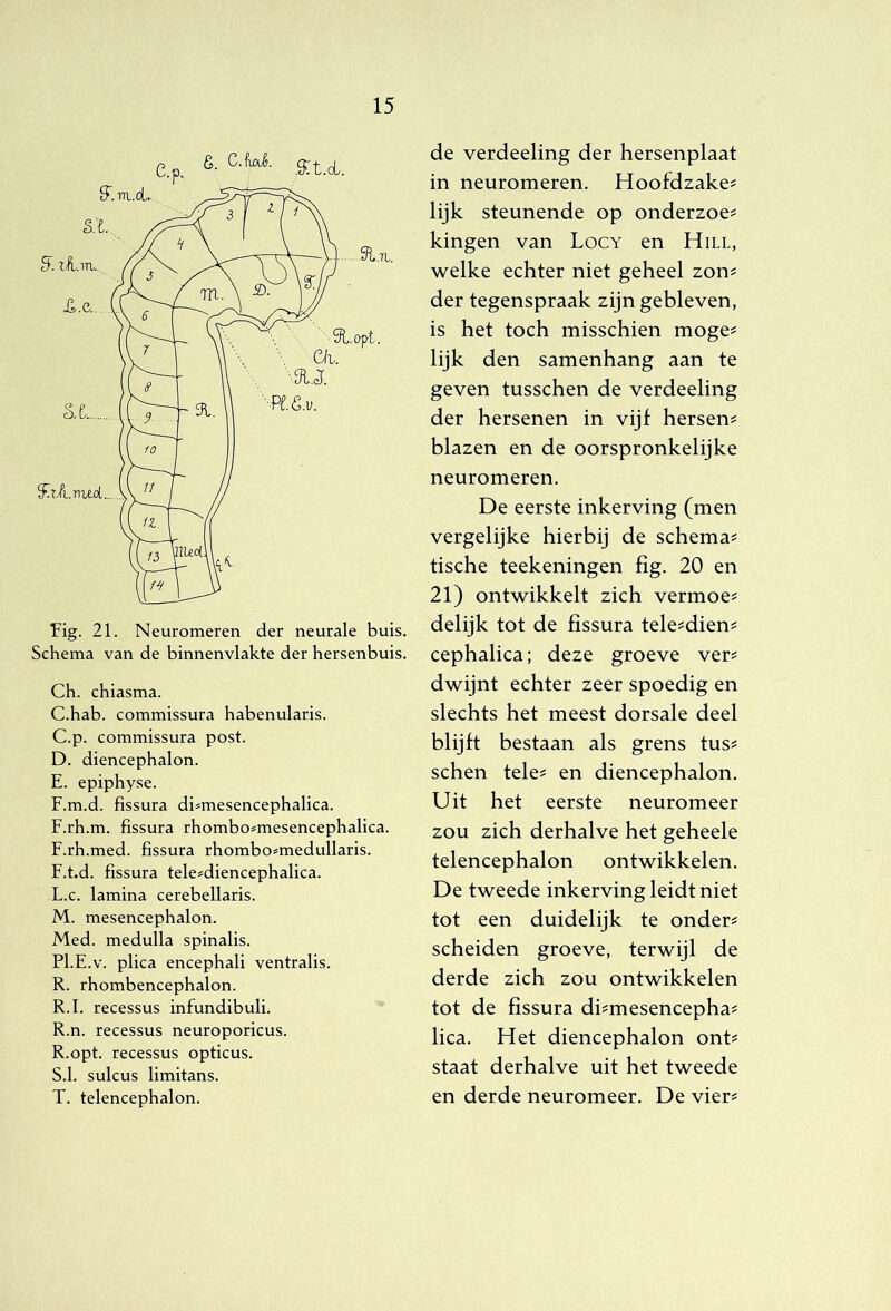Fig. 21. Neuromeren der neurale buis. Schema van de binnenvlakte der hersenbuis. Ch. chiasma. C.hab. commissura habenularis. C. p. commissura post. D. diencephalon. E. epiphyse. F. m.d. fissura di^mesencephalica. F.rh.m. fissura rhombo=mesencephalica. F.rh.med. fissura rhombo=medullaris. F.t.d. fissura tele^diencephalica. L. c. lamina cerebellaris. M. mesencephalon. Med. medulla spinalis. Pl.E.v. plica encephali ventralis. R. rhombencephalon. R.I. recessus infundibuli. R.n. recessus neuroporicus. R. opt. recessus opticus. S. 1. sulcus limitans. T. telencephalon. de verdeeling der hersenplaat in neuromeren. Hoofdzake^ lijk steunende op onderzoen kingen van Locy en Hill, welke echter niet geheel zon? der tegenspraak zijn gebleven, is het toch misschien moge? lijk den samenhang aan te geven tusschen de verdeeling der hersenen in vijf hersen? blazen en de oorspronkelijke neuromeren. De eerste inkerving (men vergelijke hierbij de schema? tische teekeningen fig. 20 en 21) ontwikkelt zich vermoe? delijk tot de fissura tele?dien? cephalica; deze groeve ver? dwijnt echter zeer spoedig en slechts het meest dorsale deel blijft bestaan als grens tus? schen tele? en diencephalon. Uit het eerste neuromeer zou zich derhalve het geheele telencephalon ontwikkelen. De tweede inkerving leidt niet tot een duidelijk te onder? scheiden groeve, terwijl de derde zich zou ontwikkelen tot de fissura di?mesencepha? lica. Het diencephalon ont? staat derhalve uit het tweede en derde neuromeer. De vier?