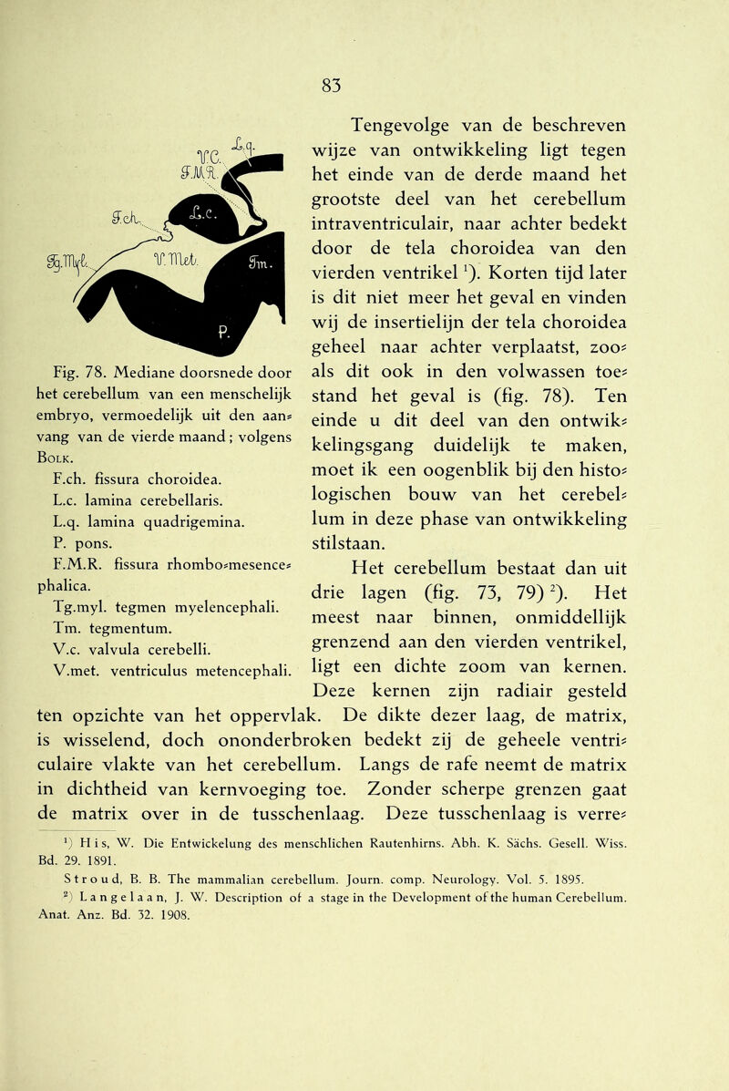 Tengevolge van de beschreven wijze van ontwikkeling ligt tegen het einde van de derde maand het grootste deel van het cerebellum intraventriculair, naar achter bedekt door de tela choroidea van den vierden ventrikel'). Korten tijd later is dit niet meer het geval en vinden wij de insertielijn der tela choroidea geheel naar achter verplaatst, zoo^ als dit ook in den volwassen toe^ stand het geval is (fig. 78). Ten einde u dit deel van den ontwik? kelingsgang duidelijk te maken, moet ik een oogenblik bij den histo? logischen bouw van het cerebel? lum in deze phase van ontwikkeling stilstaan. Het cerebellum bestaat dan uit drie lagen (fig. 73, 79) ^). Het meest naar binnen, onmiddellijk grenzend aan den vierden ventrikel, ligt een dichte zoom van kernen. Deze kernen zijn radiair gesteld ten opzichte van het oppervlak. De dikte dezer laag, de matrix, is wisselend, doch ononderbroken bedekt zij de geheele ventri? culaire vlakte van het cerebellum. Langs de rafe neemt de matrix in dichtheid van kernvoeging toe. Zonder scherpe grenzen gaat de matrix over in de tusschenlaag. Deze tusschenlaag is verre? Fig. 78. Mediane doorsnede door het cerebellum van een menschelijk embryo, vermoedelijk uit den aan# vang van de vierde maand ; volgens Bolk. F.ch. fissura choroidea. L.c. lamina cerebellaris. L.q. lamina quadrigemina. P. pons. F.M.R. fissura rhombo#mesence# phalica. Tg.myl. tegmen myelencephali. Tm. tegmentum. V.c. valvula cerebelli. V.met. ventriculus metencephali. ') Mis, W. Die Entwickelung des menschlichen Rautenhirns. Abh. K. Sachs. Gesell. Wiss. Bd. 29. 1891. Stroud, B. B. The mammalian cerebellum. Journ. comp. Neurology. Vol. 5. 1895. L a n g e 1 a a n, J. W. Description of a stage in the Development of the human Cerebellum. Anat. Anz. Bd. 32. 1908.