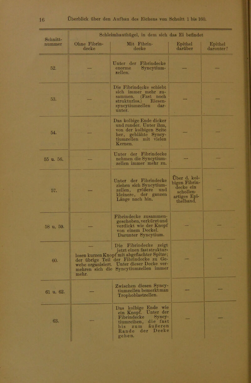 Schnitt- nummer Schle Ohne Fibrin- decke imhauthügel, in dem sich Mit Fibrin- decke das Ei befindet Epithel darüber Epithel darunter? 52. — Unter der Fibrindecke enorme Syncytium- zellen. — — 53. — Die Fibrindecke schiebt sich immer mehr zu- sammen. (Fast noch strukturlos.) Riesen- syneytiumzellen dar- unter. — — 54. — Das kolbige Ende dicker und runder. Unter ihm, von der kolbigen Seite her, geblähte Syncy- tiumzellen mit vielen Kernen. — — 55 u. 56. — Unter der Fibrindecke nehmen die Syncytium- zellen immer mehr zu. — — 57. — Unter der Fibrindecke ziehen sich Syncytium- zellen, größere und kleinere,  der ganzen Länge nach hin. Über d. kol- bigen Fibrin- decke ein schollen- artiges Epi- thelband. — 58 u. 59. — Fibrindecke zusammen- geschoben, verkürzt und verdickt wie der Knopf von einem Deckel. Darunter Syncytium. — — 60. losen kurzen Knc der übrige Teil webe organisiert mehren sich di( mehr. Die Fibrindecke zeigt jetzt einen faststruktur- pf mit abgeflachter Spitze; der Fibrindecke zu Ge- Unter dieser Decke ver- 3 Syncytiumzellen immer — — 61 u. 62. — Zwischen diesen Syncy- tiumzellen bemerkt man Trophoblastzellen. — — 63. — Das kolbige Ende wie ein Knopf. Unter der Fibrindecke Syncy- tiumreihen, die fast bis zum äußeren Rande der Decke gehen. — —