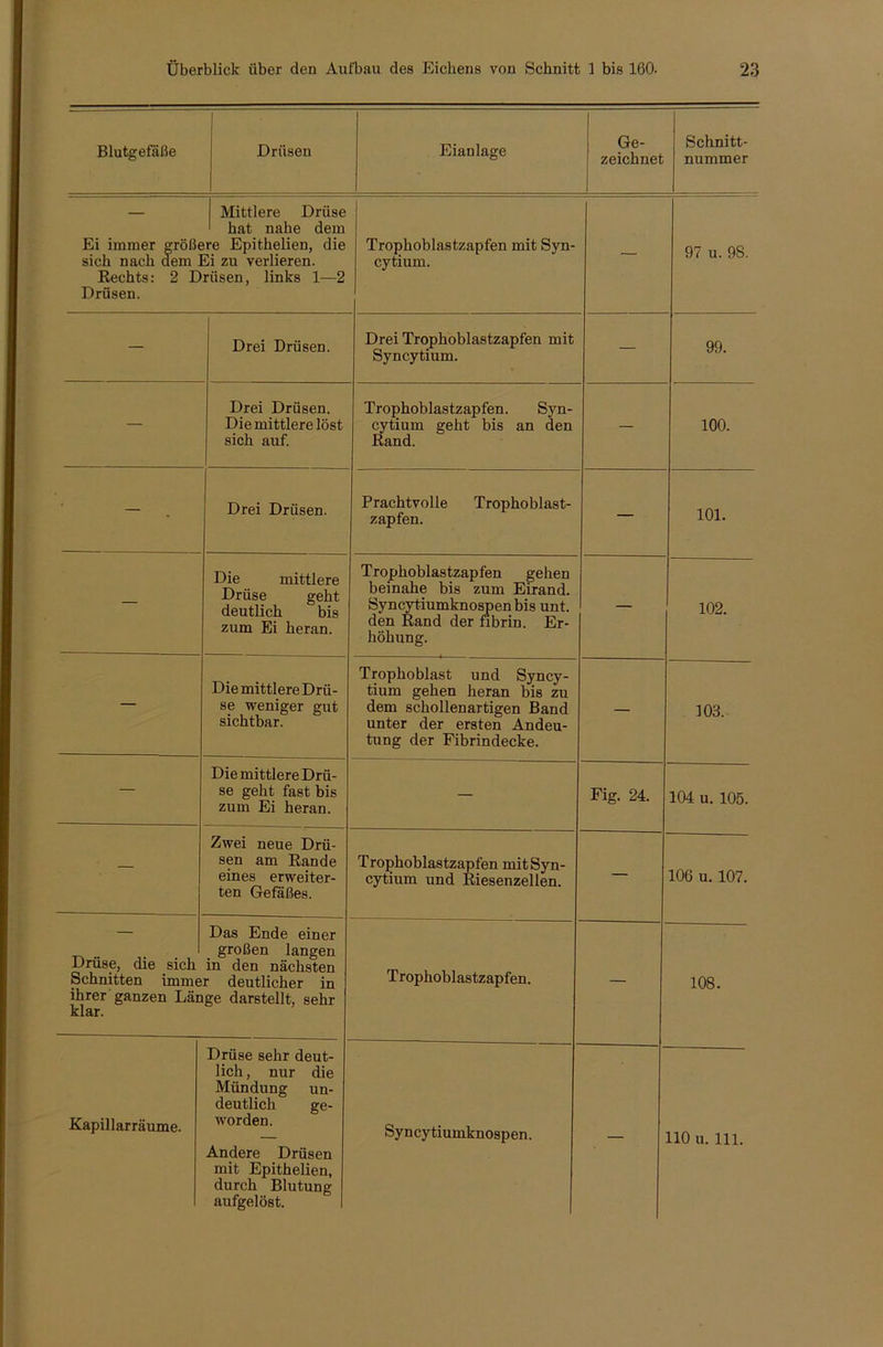 Blutgefäße Drüsen Eianlage Ge- zeichnet Schnitt- nummer Ei immer größt sich nach dem ! Rechts: 2 D Drüsen. Mittlere Drüse hat nahe dem sre Epithelien, die 3i zu verlieren, riisen, links 1—2 Trophoblastzapfen mit Syn- cytium. — 97 u. 98. — Drei Drüsen. Drei Trophoblastzapfen mit Syncytium. — 99. — Drei Drüsen. Die mittlere löst sich auf. Trophoblastzapfen. Syn- cytium geht bis an den Rand. — 100. — Drei Drüsen. Prachtvolle Trophoblast- zapfen. — 101. — Die mittlere Drüse geht deutlich bis zum Ei heran. Trophoblastzapfen gehen beinahe bis zum Eirand. Syncytiumknospenbis unt. den Rand der fibrin. Er- höhung. — 102. — Die mittlere Drü- se weniger gut sichtbar. Trophoblast und Syncy- tium gehen heran bis zu dem schollenartigen Band unter der ersten Andeu- tung der Fibrindecke. — 103. — Die mittlere Drü- se geht fast bis zum Ei heran. — Fig. 24. 104 u. 105. Zwei neue Drü- sen am Rande eines erweiter- ten Gefäßes. Trophoblastzapfen mit Syn- cytium und Riesenzellen. — 106 u. 107. Drüse, die sich Schnitten imme ihrer ganzen Lau klar. Das Ende einer großen langen in den nächsten r deutlicher in ge darstellt, sehr Trophoblastzapfen. — 108. Kapillarräume. Drüse sehr deut- lich , nur die Mündung un- deutlich ge- worden. Andere Drüsen mit Epithelien, durch Blutung aufgelöst. Syncytiuinknospen.