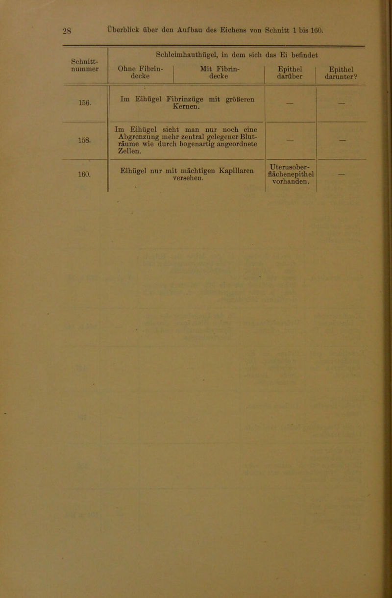 Schnitt- nummer Schleimhauthügel, in dem sich Ohne Fibrin- Mit Fibrin- decke decke das Ei befinde Epithel darüber Epithel darunter? 156. Im Eihügel Fibrinzüge mit größeren Kernen. — — 158. Im Eihügel sieht man nur noch eine Abgrenzung mehr zentral gelegener Blut- räume wie durch bogenartig angeordnete Zellen. — — 160. Eihügel nur mit mächtigen Kapillaren versehen. Uterusober- flächenepithel vorhanden.