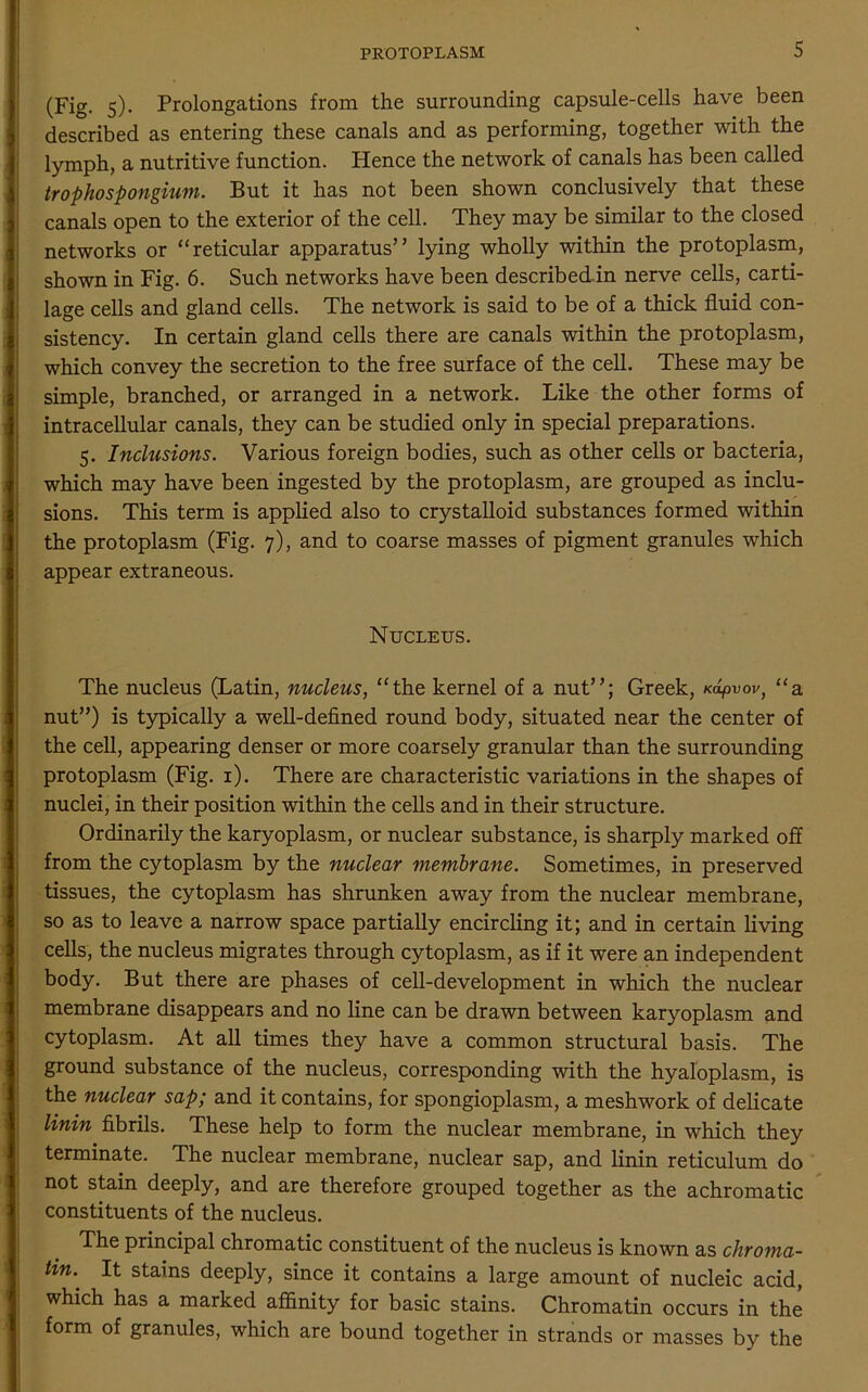 (Fig. 5). Prolongations from the surrounding capsule-cells have been described as entering these canals and as performing, together with the lymph, a nutritive function. Hence the network of canals has been called trophospongium. But it has not been shown conclusively that these canals open to the exterior of the cell. They may be similar to the closed networks or “reticular apparatus” lying wholly within the protoplasm, shown in Fig. 6. Such networks have been described in nerve cells, carti- lage cells and gland cells. The network is said to be of a thick fluid con- sistency. In certain gland cells there are canals within the protoplasm, which convey the secretion to the free surface of the cell. These may be simple, branched, or arranged in a network. Like the other forms of intracellular canals, they can be studied only in special preparations. 5. Inclusions. Various foreign bodies, such as other cells or bacteria, which may have been ingested by the protoplasm, are grouped as inclu- sions. This term is applied also to crystalloid substances formed within the protoplasm (Fig. 7), and to coarse masses of pigment granules which appear extraneous. Nucleus. The nucleus (Latin, nucleus, “the kernel of a nut”; Greek, Kapvov, “a nut”) is typically a well-defined round body, situated near the center of the cell, appearing denser or more coarsely granular than the surrounding protoplasm (Fig. 1). There are characteristic variations in the shapes of nuclei, in their position within the cells and in their structure. Ordinarily the karyoplasm, or nuclear substance, is sharply marked off from the cytoplasm by the nuclear membrane. Sometimes, in preserved tissues, the cytoplasm has shrunken away from the nuclear membrane, so as to leave a narrow space partially encircling it; and in certain living cells, the nucleus migrates through cytoplasm, as if it were an independent body. But there are phases of cell-development in which the nuclear membrane disappears and no line can be drawn between karyoplasm and cytoplasm. At all times they have a common structural basis. The ground substance of the nucleus, corresponding with the hyaloplasm, is the nuclear sap; and it contains, for spongioplasm, a meshwork of delicate linin fibrils. These help to form the nuclear membrane, in which they terminate. The nuclear membrane, nuclear sap, and linin reticulum do not stain deeply, and are therefore grouped together as the achromatic constituents of the nucleus. The principal chromatic constituent of the nucleus is known as chroma- tin. It stains deeply, since it contains a large amount of nucleic acid, which has a marked affinity for basic stains. Chromatin occurs in the form of granules, which are bound together in strands or masses by the