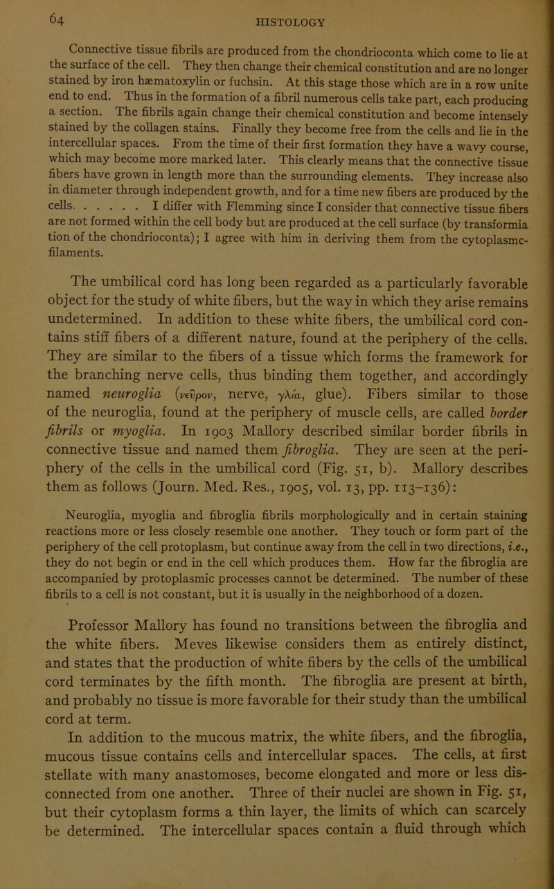 Connective tissue fibrils are produced from the chondrioconta which come to lie at the surface of the cell. They then change their chemical constitution and are no longer stained by iron haematoxylin or fuchsin. At this stage those which are in a row unite end to end. Thus in the formation of a fibril numerous cells take part, each producing a section. The fibrils again change their chemical constitution and become intensely stained by the collagen stains. Finally they become free from the cells and lie in the intercellular spaces. From the time of their first formation they have a wavy course, which may become more marked later. This clearly means that the connective tissue fibers have grown in length more than the surrounding elements. They increase also in diameter through independent growth, and for a time new fibers are produced by the cells I differ with Flemming since I consider that connective tissue fibers are not formed within the cell body but are produced at the cell surface (by transformia tion of the chondrioconta); I agree with him in deriving them from the cytoplasmc- filaments. The umbilical cord has long been regarded as a particularly favorable object for the study of white fibers, but the way in which they arise remains undetermined. In addition to these white fibers, the umbilical cord con- tains stiff fibers of a different nature, found at the periphery of the cells. They are similar to the fibers of a tissue which forms the framework for the branching nerve cells, thus binding them together, and accordingly named neuroglia (vtvpov, nerve, yAta, glue). Fibers similar to those of the neuroglia, found at the periphery of muscle cells, are called border fibrils or myoglia. In 1903 Mallory described similar border fibrils in connective tissue and named them fibroglia. They are seen at the peri- phery of the cells in the umbilical cord (Fig. 51, b). Mallory describes them as follows (Journ. Med. Res., 1905, vol. 13, pp. 113-136): Neuroglia, myoglia and fibroglia fibrils morphologically and in certain staining reactions more or less closely resemble one another. They touch or form part of the periphery of the cell protoplasm, but continue away from the cell in two directions, i.e., they do not begin or end in the cell which produces them. How far the fibroglia are accompanied by protoplasmic processes cannot be determined. The number of these fibrils to a cell is not constant, but it is usually in the neighborhood of a dozen. Professor Mallory has found no transitions between the fibroglia and the white fibers. Meves likewise considers them as entirely distinct, and states that the production of white fibers by the cells of the umbilical cord terminates by the fifth month. The fibroglia are present at birth, and probably no tissue is more favorable for their study than the umbilical cord at term. In addition to the mucous matrix, the white fibers, and the fibroglia, mucous tissue contains cells and intercellular spaces. The cells, at first stellate with many anastomoses, become elongated and more or less dis- connected from one another. Three of their nuclei are shown in Fig. 51, but their cytoplasm forms a thin layer, the limits of which can scarcely be determined. The intercellular spaces contain a fluid through which