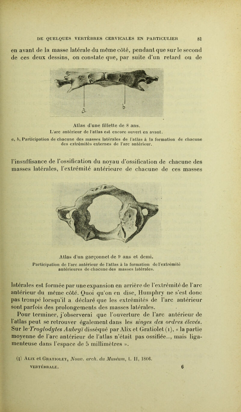 en avant, de la masse latérale du même côté, pendant que sur le second de ces deux dessins, on constate que, par suite d’un retard ou de Atlas d’une fillette de 8 ans. L’arc antérieur de l’atlas est encore ouvert en avant. a, 6, Participation de chacune des masses latérales de l’allas à la formation de chacune des extrémités externes de l’arc antérieur. l’insuffisance de l’ossification du noyau d’ossification de chacune des masses latérales, l’extrémité antérieure de chacune de ces masses Atlas d’un garçonnet de 9 ans et demi. Participation de l’arc antérieur de l’atlas à la formation de l’extrémité antérieures de chacune des masses latérales. latérales est formée par une expansion en arrière de l’extrémité de l’arc antérieur du même côté. Quoi qu’on en dise, Humphry ne s’est donc pas trompé lorsqu’il a déclaré que les extrémités de l’arc antérieur sont parfois des prolongements des masses latérales. Pour terminer, j’observerai que l’ouverture de l’arc antérieur de fatlas peut se retrouver également dans les singes des ordres élevés. Sur \Q'Troglodgtes Aubrgï par Alix et Gratiolet (i), « la partie moyenne de l’arc antérieur de l’atlas n’était pas ossifiée.., mais liga- menteuse dans l’espace de 5 millimètres ». (l) Alix et Gratiolet, Noiiu. arch. du Muséum^ t. II, 1866. VERTERRALE. 6