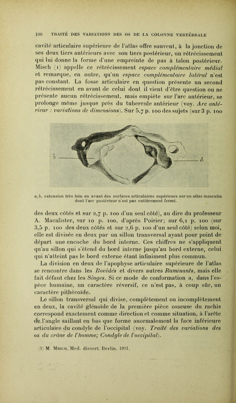 cavité articulaire supérieure de l’allas offre souvent, à la jonction de ses deux tiers antérieurs avec son tiers postérieur, un rétrécissement qui lui donne la forme d’une empreinte de pas à talon postérieur. Misch (i) appelle ce rétrécissement espace complémenlaire médial et remarque, en outre, qu’un espace complémentaire latéral n’est pas constant. La fosse articulaire en question présente un second rétrécissement en avant de celui dont il vient d’être question ou ne présente aucun rétrécissement, mais empiète sur l’arc antérieur, se prolonge même jusque près du tubercule antérieur (voy. Arc anté- rieur : variations de dimensions). Sur 5,7 p. loo des sujets (sur 3 p. loo a a, 6, extension très loin en avant des surfaces articulaires supérieurs sur un allas masculin dont l'arc postérieur n’est pas entièrement fermé. des deux côtés et sur 2,7 p. 100 d’un seul côté), au dire du professeur A. Macalister, sur 10 p. 100, d’après Poirier; sur 6,1 p. loo (sur 3,5 p. 100 des deux côtés et sur 2,6 p. 100 d’un seul côté) selon moi, elle est divisée en deux par un sillon transversal ayant pour point de départ une encoche du bord interne. Ces chiffres ne s’appliquent qu’au sillon qui s’étend du bord interne jusqu’au bord externe, celui qui n’atteint pas le bord externe étant infiniment plus commun. La division en deux de l’apophyse articulaire supérieure de l’atlas se rencontre dans les Bovidés et divers autres Ruminants^ mais elle fait défaut chez les Singes. Si ce mode de conformation a, dans l’es- pèce humaine, un caractère réversif, ce n’est pas, à coup sûr, un caractère pithécoïde. Le sillon transversal qui divise, complètement ou incomplètement en deux, la cavité glénoïde de la première pièce osseuse du rachis correspond exactement comme direction et comme situation, à l’arête de l’angle saillant en bas que forme anormalement la face inférieure articulaire du condyle de l’occipital (voy. Traité des variations des os du crâne de Vhomme; Condyle de ioccipital). (1) M. Misch, Med. dissert. Berlin, 1901.