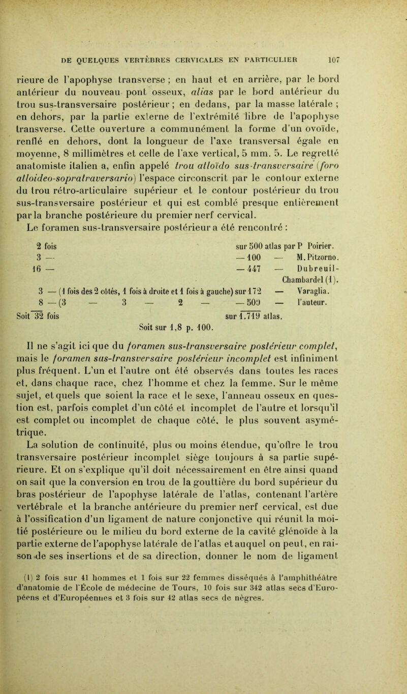 Heure de l’apophyse transverse ; en haut et en arrière, par le bord antérieur du nouveau pont osseux, alias par le bord antérieur du trou sus-transversaire postérieur ; en dedans, par la masse latérale ; en dehors, par la partie externe de l’extrémité libre de l’apophyse transverse. Cette ouverture a communément la forme d’un ovoïde, renflé en dehors, dont la longueur de Taxe transversal égale en moyenne, 8 millimètres et celle de l’axe vertical, 5 mm. 5. Le regretté anatomiste italien a, enfin appelé trou atloïdo sus-transversaire {foro atloideo-sopratraversario) l’espace circonscrit par le contour externe du trou rétro-articulaire supérieur et le contour postérieur du trou sus-transversaire postérieur et qui est comblé presque entièrement parla branche postérieure du premier nerf cervical. Le foramen sus-transversaire postérieur a été rencontré : 2 fois 3 — 16 — sur 500 atlas par P Poirier. — 400 — M.Pitzorno. — 447 — Dubreuil- Charabardel (1). 3 — ( I fois des 2 côtés, 1 fois à droite et 1 fois à gauche) sur 172 8 — (3 — 3 — 2 — _ 500 — Soit 32 fois sur 1.719 allas. Soit sur 1,8 p. 100. — Varaglia. l’auteur. Il ne s’agit ici que du foramen sus-transversaire postérieur comptet^ mais le foramen sus-transversaire postérieur incomplet est infiniment plus fréquent. L’un et l’autre ont été observés dans toutes les races et, dans chaque race, chez l’homme et chez la femme. Sur le même sujet, et quels que soient la race et le sexe, l’anneau osseux en ques- tion est, parfois complet d’un côté et incomplet de l’autre et lorsqu’il est complet ou incomplet de chaque côté, le plus souvent asymé- trique. La solution de continuité, plus ou moins étendue, qu’ofire le trou transversaire postérieur incomplet siège toujours à sa partie supé- rieure. Et on s’explique qu’il doit nécessairement en être ainsi quand on sait que la conversion en trou de la gouttière du bord supérieur du bras postérieur de l’apophyse latérale de l’atlas, contenant l’artère vertébrale et la branche antérieure du premier nerf cervical, est due à l’ossification d’un ligament de nature conjonctive qui réunit la moi- tié postérieure ou le milieu du bord externe de la cavité glénoïde à la partie externe dePapophyse latérale de l’atlas et auquel on peut, en rai- son-de ses insertions et de sa direction, donner le nom de ligament (l) 2 fois sur 41 hommes et 1 fois sur 22 femmes disséqués à l’amphithéâtre d’anatomie de l'École de médecine de Tours, 10 fois sur 342 atlas secs d’Euro- péens et d’Européennes et 3 fois sur 42 atlas secs de nègres.