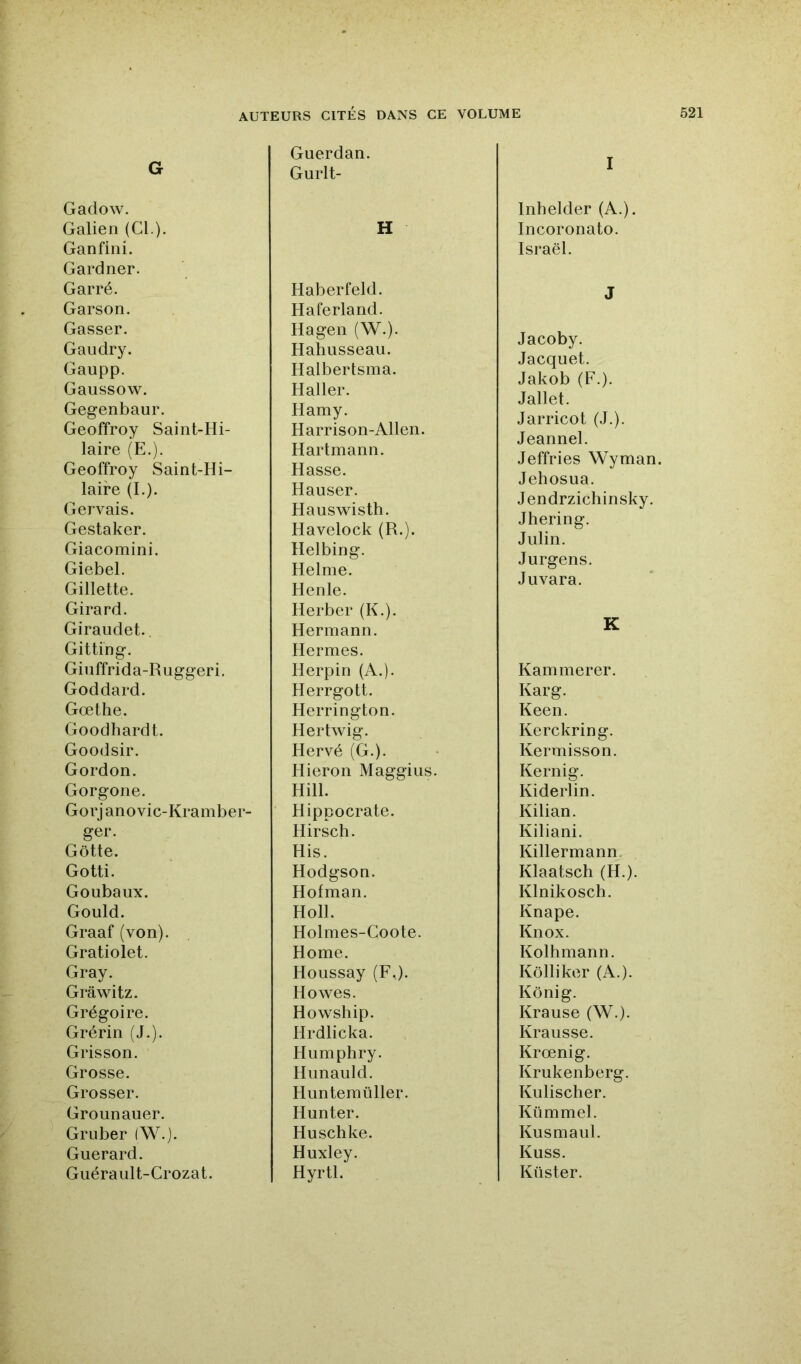 G Gadow. Galien (Cl.). Ganfini. Gardner. Garré. Garson. Gasser. Gaudry. Gaupp. Gaussow. Gegenbaur. Geoffroy Saint-Hi- laire (E.). Geoffroy Saint-Hi- laire (L). Gervais. Gestaker. Giacomini. Giebel. Gillette. Girard. Giraudet. Gitting. Giuffrida-Ruggeri, Goddard. Goethe. Goodhardt. Goodsir. Gordon. Gorgone. Gorj anovic-Kramber- ger. Gôtte. Gotti. Goubaux. Gould. Graaf (von). Gratiolet. Gray. Grâwitz. Grégoire. Grérin (J.). Grisson. Grosse. Grosser. Grounauer. GrLiber (W.). Guerard. Giiéraiilt-Crozat. Guerdan. Gurlt- H Haberfeld. Haferland. Hagen (W.). Hahusseau. Halbertsma. Haller. Hamy. Harrison-Allen. Hartmann. Hasse. Hauser. Hauswisth. Havelock (R.). Helbing. Helme. Henle. Herber (K.). Hermann. Hermes. Herpin (A.). Herrgott. Herrington. Hertwig. Hervé (G.). Hieron Maggius. Hill. Hippocrate. Hirsch. His. Hodgson. Hofman. Holl. Holmes-Coote. Home. Houssay (F.). Howes. Howship. Hrdlicka. Humphry. Hiinaiild. Huntemüller. Hunter. Huschke. Huxley. Hyrtl. I Inhelder (A.). Incoronato. Israël. J Jacoby. Jacquet. Jakob (F.). Jallet. Jarricot (J.). Jeannel. Jeffries Wyman Jehosua. Jendrzichinsky. Jhering. Julin. Jurgens. Juvara. K Kammerer. Karg. Keen. Kerckring. Kermisson. Kernig. Kiderlin. Kilian. Kiliani. Killermann. Klaatsch (H.). Klnikosch. Knape. Knox. Kolhmann. Kôlliker (A.). Ko ni g. Krause (W.). Krausse. Krœnig. Krukenberg. Kulischer. Kümmel. Kusmaul. Kuss. Küster.