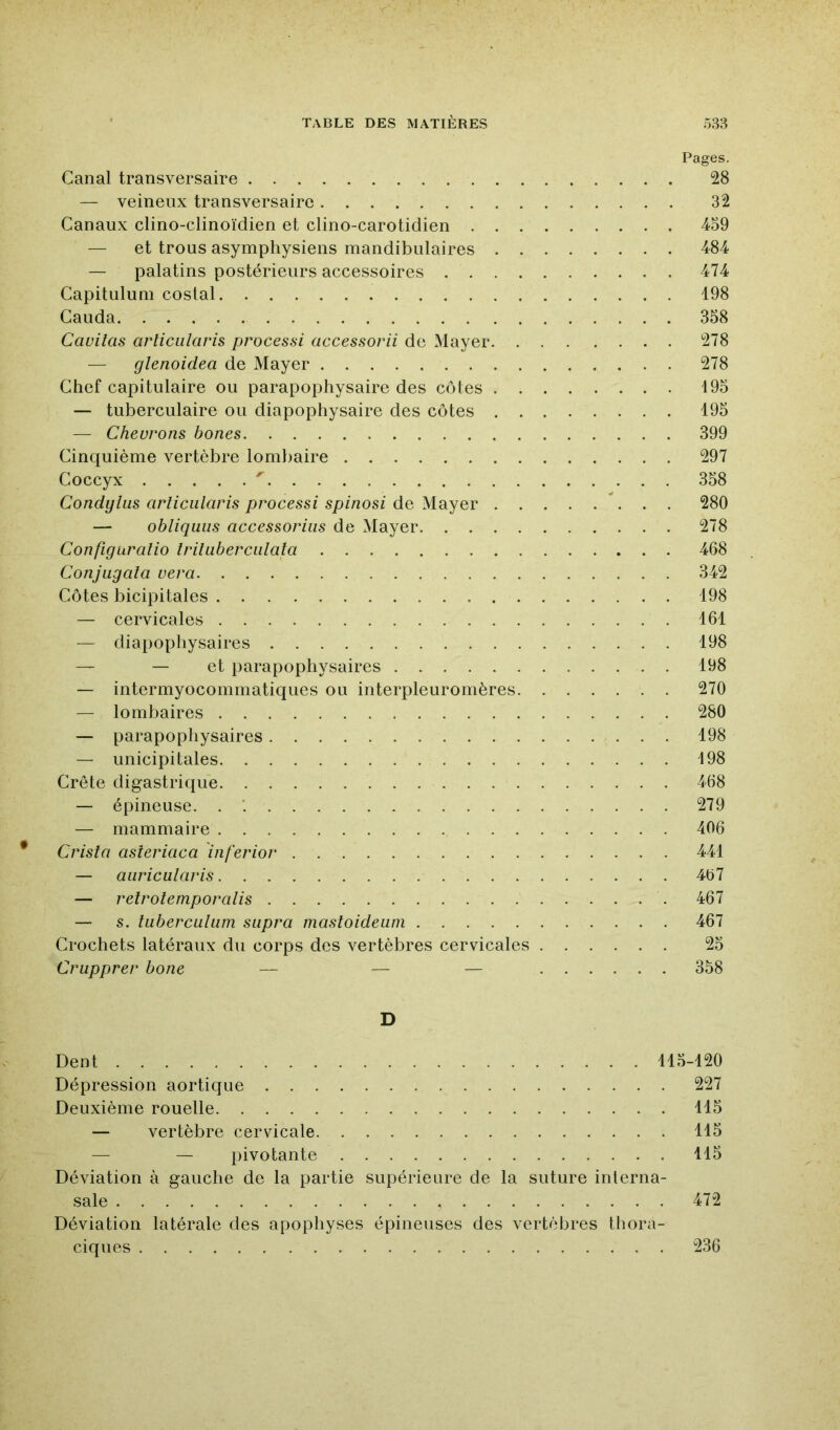 Pages. Canal transversaire 28 — veineux transversaire 32 Canaux clino-clinoïdien et clino-carotidien 4o9 — et trous asymphysiens mandibulaires 484 — palatins postérieurs accessoires 474 Capituluni costal 198 Cauda 358 Cavilas articiilaris processi accessorii de Mayer 278 — glenoidea de Mayer 278 Chef capitulaire ou parapophysaire des côtes 195 — tuberculaire ou diapophysaire des côtes 195 — Chevrons bones 399 Cinquième vertèbre lombaire 297 Coccyx 358 Condylus articiilaris processi spinosi de Mayer 280 — obliquas accessoriiis de Mayer 278 Configuralio Iriluberciilata 468 Conjugala vera 342 Côtes bicipitales 198 — cervicales 161 — diapophysaires 198 — — et parapopliysaires 198 — intermyocommatiques ou interpleuromères 270 — lombaires 280 — parapopliysaires 198 — unicipitales 498 Crête digastrique 468 — épineuse. . 279 — mammaire 406 Crisla asîeriaca inferior 441 — aiiricülaris 467 — relrolemporalis 467 — s. tiiberculiim supra mastoideuni 467 Crochets latéraux du corps des vertèbres cervicales 25 Crupprer bone — — — 358 D Dent 115-120 Dépression aortique 227 Deuxième rouelle 115 — vertèbre cervicale 115 — — pivotante 115 Déviation à gauche de la partie supérieure de la suture interna- sale 472 Déviation latérale des apophyses épineuses des vertèbres thora- ciques 236