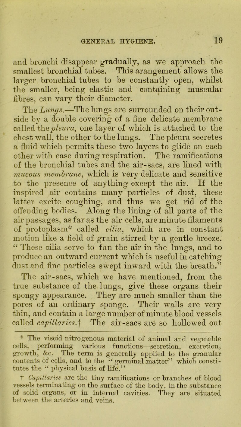 and bronchi disappear gradually, as we approach the smallest bronchial tubes. This arangement allows the larger bronchial tubes to be constantly open, whilst the smaller, being elastic and containing muscular fibres, can vary their diameter. The Lungs.—The lungs are surrounded on their out- side by a double covering of a fine delicate membrane called tliepleura, one layer of which is attached to the chest wall, the other to the lungs. The pleura secretes a fluid which permits these two layers to glide on each other with ease during respiration. The ramifications of the bronchial tubes and the air-sacs, are lined with mucous membrane, which is very delicate and sensitive to the presence of anything except the air. If the inspired air contains many particles of dust, these latter excite coughing, and thus we get rid of the offending bodies. Along the lining of all parts of the air passages, as far as the air cells, are minute filaments of protoplasm* called cilia, which are in constant motion like a field of grain stirred by a gentle breeze. “ These cilia serve to fan the air in the lungs, and to produce an outward current which is useful in catching dust and fine particles swept inward with the breath.” The air-sacs, which we have mentioned, from the true substance of the lungs, give these organs their spongy appearance. They are much smaller than the pores of an ordinary sponge. Their walls are very thin, and contain a large number of minute blood vessels called capillaries.\ The air-sacs are so hollowed out * The viscid nitrogenous material of animal and vegetable cells, performing various functions—secretion, excretion, growth, Ac. The term is generally applied to the granular contents of cells, and to the “ germinal matter” which consti- tutes the “ physical basis of life.” t Capillaries are the tiny ramifications or branches of blood vessels terminating on the surface of the body, in the substance of solid organs, or in internal cavities. They are situated between the arteries and veins.