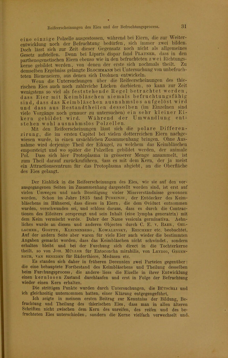 eine einzige Polzelle ausgestossen, während bei Eiern, die zur Weiter- entwicklung noch der Befruchtung bedürfen, sich immer zwei bilden. Doch lässt sich zur Zeit dieser Gegensatz noch nicht als allgemeines Gesetz aufstellen. Denn bei Liparis dispar fand Platner, dass in den parthenogenetischen Eiern ebenso wie in den befruchteten zwei Richtungs- kerne gebildet werden, von denen der erste sich nochmals theilt. Zu demselben Ergebniss gelangte Blochmann bei Untersuchung von unbefruch- teten Bieneneiern, aus denen sich Drohnen entwickeln. Wenn die Untersuchungen über die Reifeerscheinungen des thie- rischen Eies auch noch zahlreiche Lücken darbieten, so kann zur Zeit wenigstens so viel als feststehende Regel betrachtet werden , dass Eier mit Keimbläschen niemals befruchtungsfähig sind, dass das Keimbläschen ausnahmslos aufgelöst wird und dass aus Bestandtheilen desselben (im Einzelnen sind viele Vorgänge noch genauer zu untersuchen) ein sehr kleiner Ei- kern gebildet wird. Während der Umwandlung ent- stehen wohl ausnahmslos Polzellen. Mit den Reifeerscheinungen lässt sich die polare Differen- zirung, die im ersten Capitel bei vielen dotterreichen Eiern nachge- wiesen wurde, in einen ursächlichen Zusammenhang bringen. Ohne Aus- nahme wird derjenige Theil der Eikugel, zu welchem das Keimbläschen emporsteigt und wo später die Polzellen gebildet werden, der animale Pol. Dass sich hier Protoplasma in grösserer Menge ansammelt, ist zum Theil darauf zurückzuführen, iass es mit dem Kern, der ja meist ein Attractionscentrum für das Protoplasma abgiebt, an die Oberfläche des Eies gelangt. Der Einblick in die Reifeerscheinungen des Eies, wie sie auf den vor- ausgegangenen Seiten im Zusammenhang dargestellt worden sind, ist erst auf vielen Umwegen und nach Beseitigung vieler Missverständnisse gewonnen worden. Schon im Jahre 1825 fand Purkinje, der Entdecker des Keim- bläschens im Hühnerei, dass dieses in Eiern, die dem Oviduct entnommen wurden, verschwunden sei, und schloss daraus, dass es durch die Contrac- tionen des Eileiters zersprengt und sein Inhalt (eine lympha generatrix) mit dem Keim vermischt werde. Daher der Name vesicula germinativa. Aehn- liches wurde an diesen und anderen Objecten durch C. E. v. Baer, Oel- lacher, Goette, Kleinenberg, Kowalevsky, Reichert etc. beobachtet. Auf der andern Seite aber waren für viele Eier auch wieder die bestimmten Angaben gemacht worden, dass das Keimbläschen nicht schwindet, sondern erhalten bleibt und bei der Furchung sich direct in die Tochterkerne theilt, so von Joh. Müller für Entoconcha mirabilis, von Leydig, Gegen- baur, van beneden für Räderthiere, Medusen etc. Es standen sich daher in früheren Decennien zwei Parteien gegenüber: die eine behauptete Fortbestand des Keimbläschens und Theiluug desselben beim Furchungsprocess, die andere Hess die Eizelle in ihrer Entwicklung einen kernlosen Zustand durchlaufen und erst in Folge der Befruchtung wieder einen Kern erhalten. Die strittigen Punkte wurden durch Untersuchungen, die Bütschli und ich gleichzeitig unternommen hatten, einer Klärung entgegengeführt. Ich zeigte in meinem ersten Beitrag zur Kenntniss der Bildung, Be- fruchtung und Theilung des thierischen Eies, dass man in allen älteren Schriften nicht zwischen dem Kern des unreifen, des reifen und des be- fruchteten Eies unterschieden, sondern die Kerne vielfach verwechselt unds
