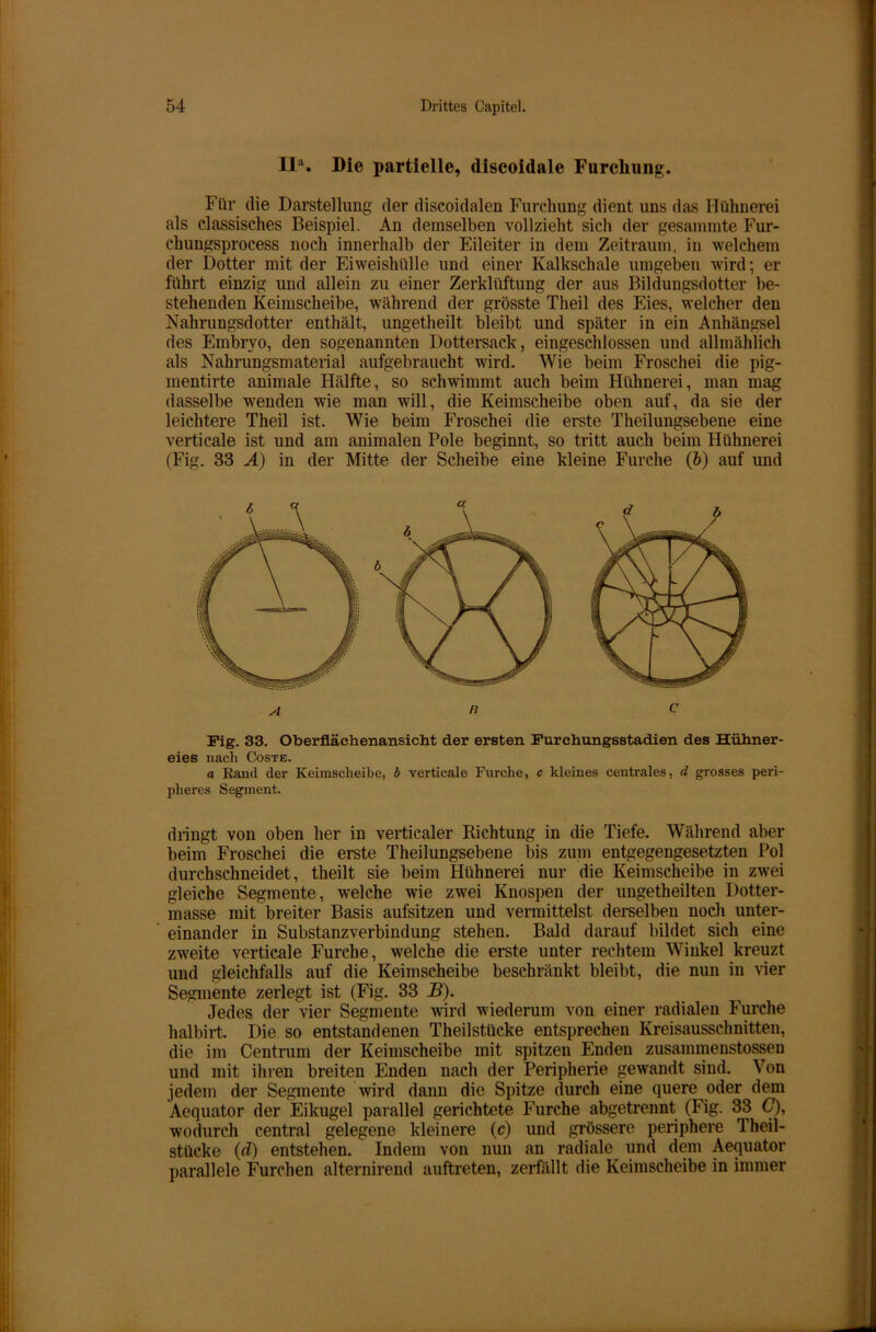 lla. Die partielle, discoidale Furchung. Für die Darstellung der diseoidalen Furchung dient uns das Hühnerei als classisches Beispiel. An demselben vollzieht sich der gesammte Fur- chungsprocess noch innerhalb der Eileiter in dem Zeitraum, in welchem der Dotter mit der Eiweishiille und einer Kalkschale umgeben wird; er führt einzig und allein zu einer Zerklüftung der aus Bildungsdotter be- stehenden Keimscheibe, während der grösste Theil des Eies, welcher den Nahrungsdotter enthält, ungetheilt bleibt und später in ein Anhängsel des Embryo, den sogenannten Dottersack, eingeschlossen und allmählich als Nahrungsmaterial aufgebraucht wird. Wie beim Froschei die pig- mentirte animale Hälfte, so schwimmt auch beim Hühnerei, man mag dasselbe wenden wie man will, die Keimscheibe oben auf, da sie der leichtere Theil ist. Wie beim Froschei die erste Theilungsebene eine verticale ist und am animalen Pole beginnt, so tritt auch beim Hühnerei (Fig. 33 Ä) in der Mitte der Scheibe eine kleine Furche (b) auf und Fig. 33. Oberflächenansicht der ersten Furchungsstadien des Hühner- eies nach Coste. a Rand der Keimscheibe, b verticale Furche, c kleines centrales, d grosses peri- pheres Segment. dringt von oben her in verticaler Richtung in die Tiefe. Während aber beim Froschei die erste Theilungsebene bis zum entgegengesetzten Pol durchschneidet, theilt sie beim Hühnerei nur die Keimscheibe in zwei gleiche Segmente, welche wie zwei Knospen der ungeteilten Dotter- masse mit breiter Basis aufsitzen und vermittelst derselben noch unter- einander in Substanzverbindung stehen. Bald darauf bildet sich eine zweite verticale Furche, welche die erste unter rechtem Winkel kreuzt und gleichfalls auf die Keimscheibe beschränkt bleibt, die nun in vier Segmente zerlegt ist (Fig. 33 B). Jedes der vier Segmente wird wiederum von einer radialen Furche halbirt. Die so entstandenen Theilstücke entsprechen Kreisausschnitten, die im Centrum der Keimscheibe mit spitzen Enden zusammenstossen und mit ihren breiten Enden nach der Peripherie gewandt sind. Von jedem der Segmente wird dann die Spitze durch eine quere oder dem Aequator der Eikugel parallel gerichtete Furche abgetrennt (Fig. 33 C), wodurch central gelegene kleinere (c) und grössere periphere Theil- stücke (d) entstehen. Indem von nun an radiale und dem Aequator parallele Furchen alternirend auftreten, zerfällt die Keimscheibe in immer