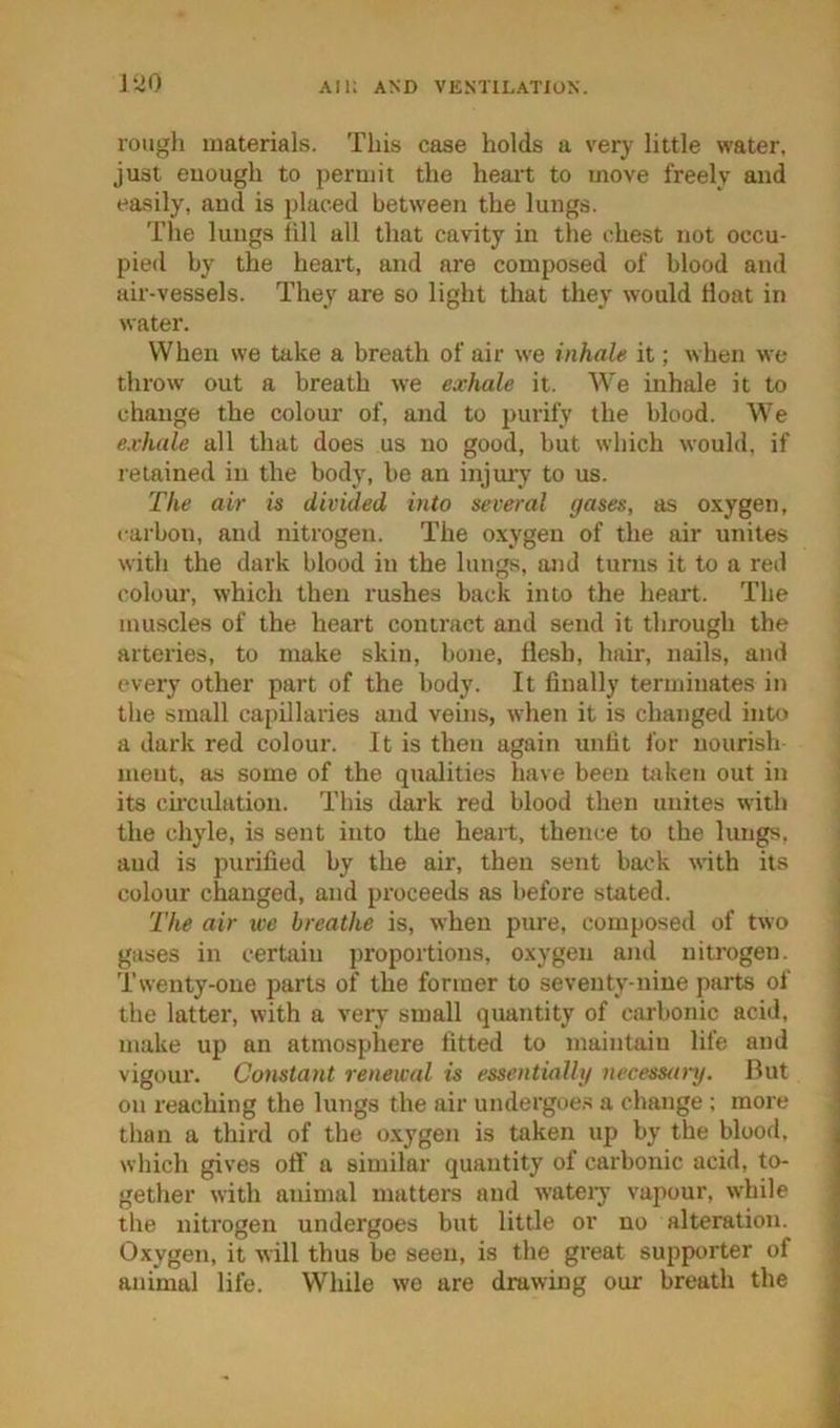 JiiO rough materials. This case holds a very little water, just euough to permit the heait to move freely and easily, and is placed between the lungs. The lungs lill all that cavity in the i;hest not occu- pied by the heart, and are composed of blood and air-vessels. They are so light that they would Hoat in water. When we take a breath of air we inhale it; when we throw out a breath we exhale it. We inhale it to change the colour of, and to purify the blood. We exhale all that does us no good, but which would, if retained in the body, he an injm'y to us. The air is divided into several gases, as oxygen, l arbon, and nitrogen. The o.vygen of the air unites with the dark blood in the lungs, and turns it to a red colour, which then rushes back into the heart. The muscles of the heart contract and send it through the arteries, to make skin, bone, flesh, hair, nails, and every other part of the body. It finally terminates in the small capillaries and veins, when it is changed into a dark red colour. It is then again unfit for nourish nient, as some of the qualities have been taken out in its circulation. This dark red blood then unites with the chyle, is sent into the heart, thence to the lungs, and is purified by the air, then sent back with its colour changed, and proceeds as before stated. The air we breathe is, when pure, composed of two gases in certain proportions, oxygen and nitrogen. Twenty-one parts of the former to seventy-nine parts of the latter, with a very small quantity of carbonic acid, make up an atmosphere fitted to maintain life and vigour. Constant renewal is essentiallg necessary. But on reaching the lungs the air undergoes a change ; more than a third of the o.xygen is taken up by the blood, which gives otf a similar quantity of carbonic acid, to- gether with animal matters and wateiy vapour, while the nitrogen undergoes but little or no alteration. Oxygen, it will thus be seen, is the great supporter of animal life. While we are drawing our breath the
