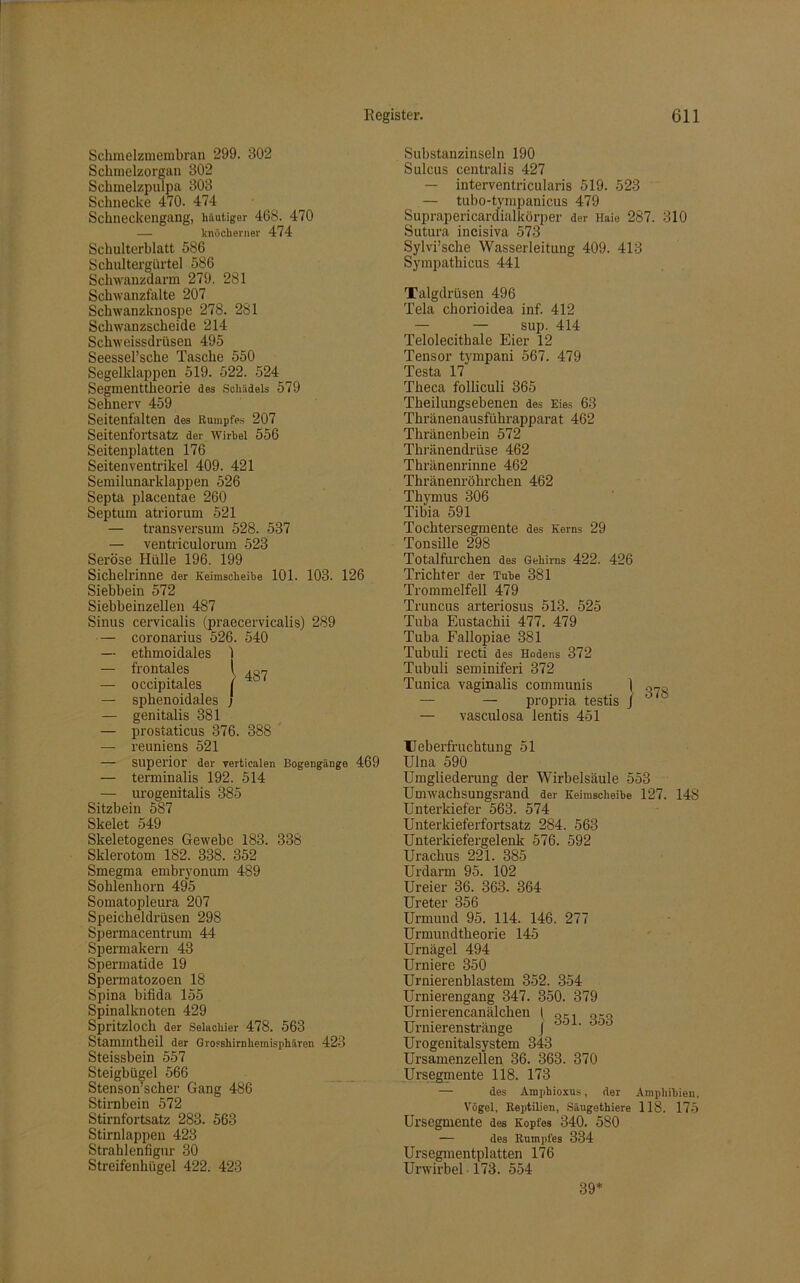Schmelzmembran 299. 302 Schmelzorgan 302 Schmelzpulpa 303 Schnecke 470. 474 Schneckengang, häutiger 468. 470 — knöcherner 474 Schulterblatt 586 Schultergürtel 586 Schwanzdarm 279. 281 Schwanzfalte 207 Schwanzknospe 278. 281 Schwanzscheide 214 Schweissdrüsen 495 Seessel’sche Tasche 550 Segelklappen 519. 522. 524 Segmenttheorie des Schädels 579 Sehnerv 459 Seitenfalten des Rumpfe« 207 Seitenfortsatz der Wirbel 556 Seitenplatten 176 Seitenventrikel 409. 421 Semilunarklappen 526 Septa placentae 260 Septum atriorum 521 — transversum 528. 537 — ventriculorum 523 Seröse Hülle 196. 199 Sichelrinne der Keimscheibe 101. 103. 126 Siebbein 572 Siebbeinzellen 487 Sinus cervicalis (praecervicalis) 289 — coronarius 526. 540 — ethmoidales 1 — frontales \ ,nn — occipitales j — sphenoidales j — genitalis 381 — prostaticus 376. 388 — reuniens 521 — Superior der verticalen Bogengänge 469 — terminalis 192. 514 — urogenitalis 385 Sitzbein 587 Skelet 549 Skeletogenes Gewebe 183. 338 Sklerotom 182. 338. 352 Smegma embryonum 489 Sohlenhorn 495 Somatopleura 207 Speicheldrüsen 298 Spermacentrum 44 Spermakern 43 Spermatide 19 Spermatozoen 18 Spina bifida 155 Spinalknoten 429 Spritzloch der Selachier 478. 563 Stammtheil der Grosshirnhemisphären 423 Steissbein 557 Steigbügel 566 Stenson’scher Gang 486 Stirnbein 572 Stirnfortsatz 283. 563 Stirnlappen 423 Strahlenfigur 30 Streifenhügel 422. 423 Substanzinseln 190 Sulcus centralis 427 — interventricularis 519. 523 — tubo-tympanicus 479 Suprapericardialkörper der Haie 287. 310 Sutura incisiva 573 Sylvi’sche Wasserleitung 409. 413 Sympathicus. 441 Talgdrüsen 496 Tela chorioidea inf. 412 — — sup. 414 Telolecithale Eier 12 Tensor tympani 567. 479 Tpofq 1 7 Theca folliculi 365 Theilungsebenen des Eies 63 Thränenausführapparat 462 Thränenbein 572 Thränendrüse 462 Thränenrinne 462 Thränenröhrchen 462 Thymus 306 Tibia 591 Tochtersegmente des Kerns 29 Tonsille 298 Totalfurchen des Gehirns 422. 426 Trichter der Tube 381 Trommelfell 479 Truncus arteriosus 513. 525 Tuba Eustachii 477. 479 Tuba Fallopiae 381 Tubuli l'ecti des Hodens 372 Tubuli seminiferi 372 Tunica vaginalis communis 1 070 — — propria testis / — vasculosa lentis 451 TJeberfruchtung 51 Ulna 590 Umgliederung der Wirbelsäule 553 Umwachsungsrand der Keimscheibe 127. 148 Unterkiefer 563. 574 Unterkieferfortsatz 284. 563 Unterkiefergelenk 576. 592 Urachus 221. 385 Urdarm 95. 102 Ureier 36. 363. 364 Ureter 356 Urmund 95. 114. 146. 277 Urmundtheorie 145 Urnägel 494 Urniere 350 Urnierenblastem 352. 354 Urnierengang 347. 350. 379 Urnierencanälchen I Q-q Urnierenstränge J 00 L 000 Urogenitalsystem 343 Ursamenzellen 36. 363. 370 Ursegmente 118. 173 — des Amphioxus, der Amphibien, Vögel, Reptilien, Säugothiere 118. 175 Ursegmente des Kopfes 340. 580 — des Rumpfes 334 Ursegmentplatten 176 Urwirbel 173. 554 39*