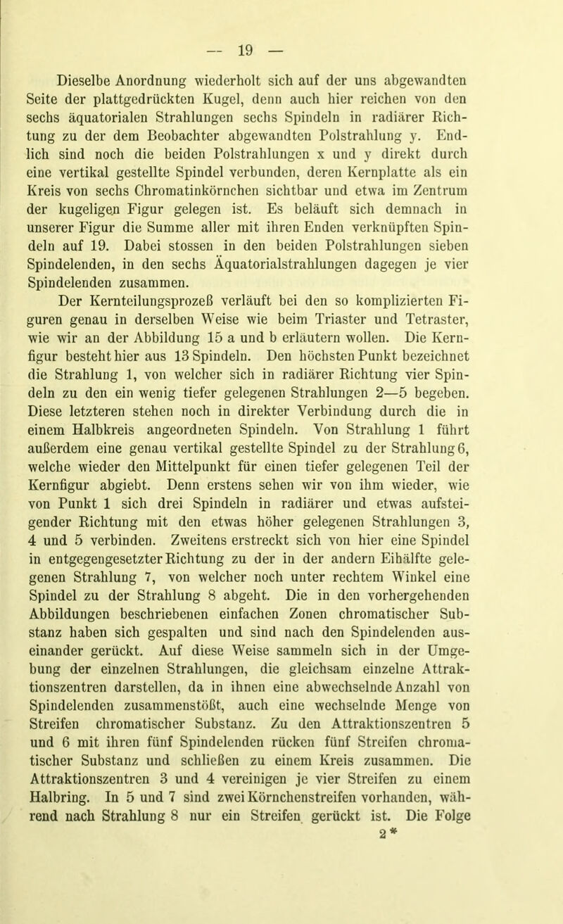 Dieselbe Anordnung wiederholt sich auf der uns abgewandten Seite der plattgedrückten Kugel, denn auch hier reichen von den sechs äquatorialen Strahlungen sechs Spindeln in radiärer Rich- tung zu der dem Beobachter abgewandten Polstrahlung y. End- lich sind noch die beiden Polstrahlungen x und y direkt durch eine vertikal gestellte Spindel verbunden, deren Kernplatte als ein Kreis von sechs Chromatinkörnchen sichtbar und etwa im Zentrum der kugeligen Figur gelegen ist. Es beläuft sich demnach in unserer Figur die Summe aller mit ihren Enden verknüpften Spin- deln auf 19. Dabei stossen in den beiden Polstrahlungen sieben Spindelenden, in den sechs Äquatorialstrahlungen dagegen je vier Spindelenden zusammen. Der Kernteilungsprozeß verläuft bei den so komplizierten Fi- guren genau in derselben Weise wie beim Triaster und Tetraster, wie wir an der Abbildung 15 a und b erläutern wollen. Die Kern- figur besteht hier aus 13 Spindeln. Den höchsten Punkt bezeichnet die Strahlung 1, von welcher sich in radiärer Richtung vier Spin- deln zu den ein wenig tiefer gelegenen Strahlungen 2—5 begeben. Diese letzteren stehen noch in direkter Verbindung durch die in einem Halbkreis angeordneten Spindeln. Von Strahlung 1 führt außerdem eine genau vertikal gestellte Spindel zu der Strahlung 6, welche wieder den Mittelpunkt für einen tiefer gelegenen Teil der Kernfigur abgiebt. Denn erstens sehen wir von ihm wieder, wie von Punkt 1 sich drei Spindeln in radiärer und etwas aufstei- gender Richtung mit den etwas höher gelegenen Strahlungen 3, 4 und 5 verbinden. Zweitens erstreckt sich von hier eine Spindel in entgegengesetzter Richtung zu der in der andern Eihälfte gele- genen Strahlung 7, von welcher noch unter rechtem Winkel eine Spindel zu der Strahlung 8 abgeht. Die in den vorhergehenden Abbildungen beschriebenen einfachen Zonen chromatischer Sub- stanz haben sich gespalten und sind nach den Spindelenden aus- einander gerückt. Auf diese Weise sammeln sich in der Umge- bung der einzelnen Strahlungen, die gleichsam einzelne Attrak- tionszentren darstellen, da in ihnen eine abwechselnde Anzahl von Spindelenden zusammenstößt, auch eine wechselnde Menge von Streifen chromatischer Substanz. Zu den Attraktionszentren 5 und 6 mit ihren fünf Spindelenden rücken fünf Streifen chroma- tischer Substanz und schließen zu einem Kreis zusammen. Die Attraktionszentren 3 und 4 vereinigen je vier Streifen zu einem Halbring. In 5 und 7 sind zwei Körnchenstreifen vorhanden, wäh- rend nach Strahlung 8 nur ein Streifen gerückt ist. Die Folge 2*