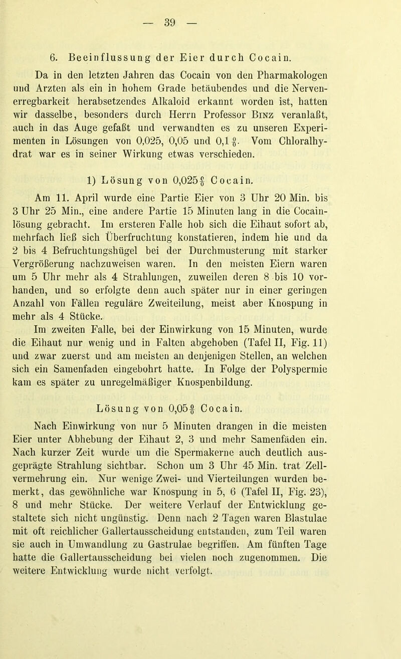 6. Beeinflussung der Eier durch Cocain. Da in den letzten Jahren das Cocain von den Pharmakologen und Ärzten als ein in hohem Grade betäubendes und die Nerven- erregbarkeit herabsetzendes Alkaloid erkannt worden ist, hatten wir dasselbe, besonders durch Herrn Professor Binz veranlaßt, auch in das Auge gefaßt und verwandten es zu unseren Experi- menten in Lösungen von 0,025, 0,05 und 0,1$. Vom Chloralhy- drat war es in seiner Wirkung etwas verschieden. 1) Lösung von 0,025$ Cocain. Am 11. April wurde eine Partie Eier von 3 Uhr 20 Min. bis 3 Uhr 25 Min., eine andere Partie 15 Minuten lang in die Cocain- lösung gebracht. Im ersteren Falle hob sich die Eihaut sofort ab, mehrfach ließ sich Überfruchtung konstatieren, indem hie und da 2 bis 4 Befruchtungshügel bei der Durchmusterung mit starker Vergrößerung nachzuweisen waren. In den meisten Eiern waren um 5 Uhr mehr als 4 Strahlungen, zuweilen deren 8 bis 10 vor- handen, und so erfolgte denn auch später nur in einer geringen Anzahl von Fällen reguläre Zweiteilung, meist aber Knospung in mehr als 4 Stücke. Im zweiten Falle, bei der Einwirkung von 15 Minuten, wurde die Eihaut nur wenig und in Falten abgehoben (Tafel II, Fig. 11) und zwar zuerst und am meisten an denjenigen Stellen, an welchen sich ein Samenfaden eingebohrt hatte. In Folge der Polyspermie kam es später zu unregelmäßiger Knospenbildung. Lösung von 0,05$ Cocain. Nach Einwirkung von nur 5 Minuten drangen in die meisten Eier unter Abhebung der Eihaut 2, 3 und mehr Samenfäden ein. Nach kurzer Zeit wurde um die Spermakerne auch deutlich aus- geprägte Strahlung sichtbar. Schon um 3 Uhr 45 Min. trat Zell- vermehrung ein. Nur wenige Zwei- und Vierteilungen wurden be- merkt, das gewöhnliche war Knospung in 5, 6 (Tafel II, Fig. 23), 8 und mehr Stücke. Der weitere Verlauf der Entwicklung ge- staltete sich nicht ungünstig. Denn nach 2 Tagen waren Blastulae mit oft reichlicher Gallertausscheidung entstanden, zum Teil waren sie auch in Umwandlung zu Gastrulae begriffen. Am fünften Tage hatte die Gallertausscheidung bei vielen noch zugenommen. Die weitere Entwicklung wurde nicht verfolgt.