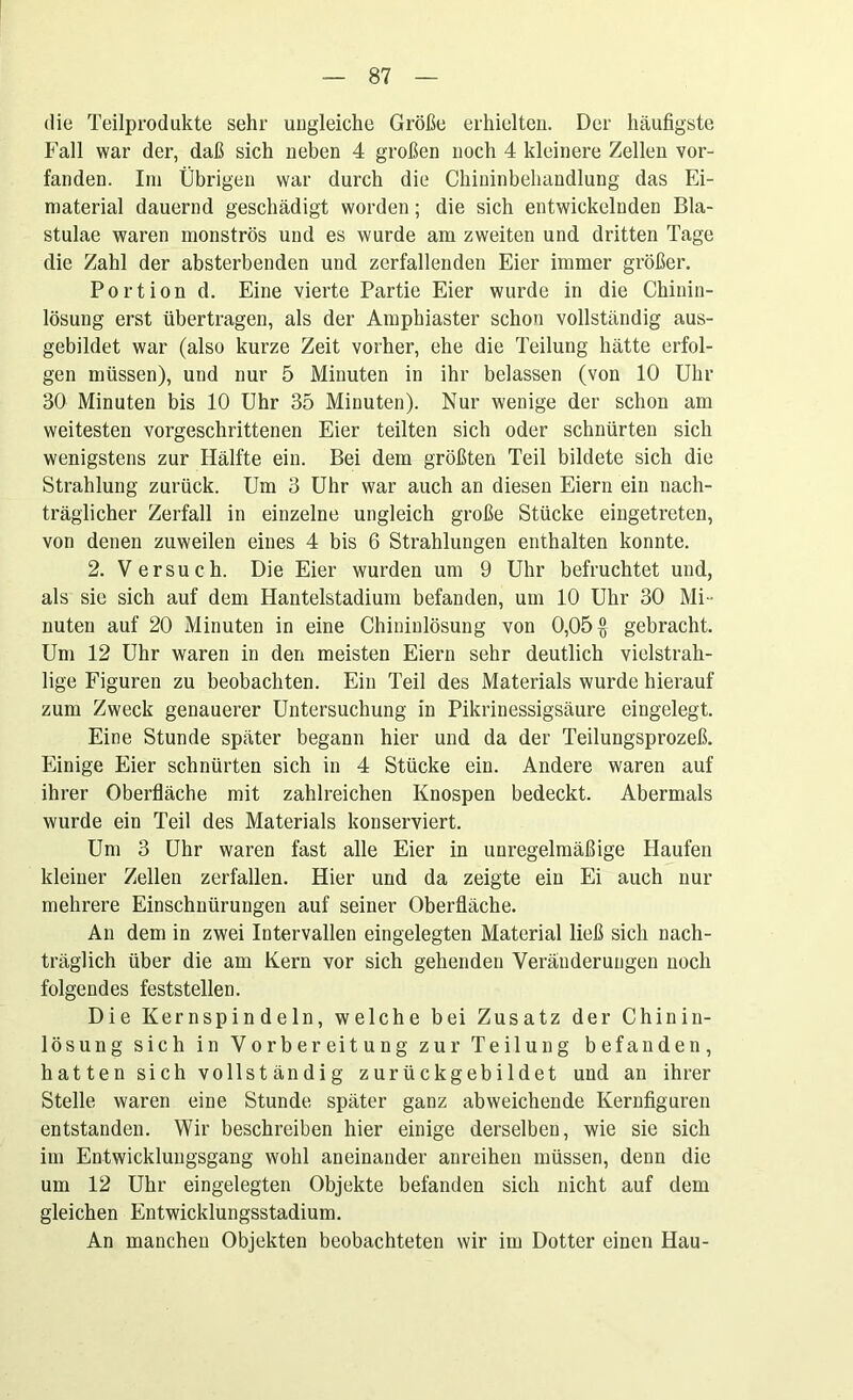 die Teilprodukte sehr ungleiche Größe erhielten. Der häufigste Fall war der, daß sich neben 4 großen noch 4 kleinere Zellen vor- fanden. Im Übrigen war durch die Chininbehandlung das Ei- material dauernd geschädigt worden; die sich entwickelnden Bla- stulae waren monströs und es wurde am zweiten und dritten Tage die Zahl der absterbenden und zerfallenden Eier immer größer. Portion d. Eine vierte Partie Eier wurde in die Chinin- lösung erst übertragen, als der Amphiaster schon vollständig aus- gebildet war (also kurze Zeit vorher, ehe die Teilung hätte erfol- gen müssen), und nur 5 Minuten in ihr belassen (von 10 Uhr 30 Minuten bis 10 Uhr 35 Minuten). Nur wenige der schon am weitesten vorgeschrittenen Eier teilten sich oder schnürten sich wenigstens zur Hälfte ein. Bei dem größten Teil bildete sich die Strahlung zurück. Um 3 Uhr war auch an diesen Eiern ein nach- träglicher Zerfall in einzelne ungleich große Stücke eingetreten, von denen zuweilen eines 4 bis 6 Strahlungen enthalten konnte. 2. Versuch. Die Eier wurden um 9 Uhr befruchtet und, als sie sich auf dem Hantelstadium befanden, um 10 Uhr 30 Mi - nuten auf 20 Minuten in eine Chininlösung von 0,05 § gebracht. Um 12 Uhr waren in den meisten Eiern sehr deutlich vielstrah- lige Figuren zu beobachten. Ein Teil des Materials wurde hierauf zum Zweck genauerer Untersuchung in Pikrinessigsäure eingelegt. Eine Stunde später begann hier und da der Teilungsprozeß. Einige Eier schnürten sich in 4 Stücke ein. Andere waren auf ihrer Oberfläche mit zahlreichen Knospen bedeckt. Abermals wurde ein Teil des Materials konserviert. Um 3 Uhr waren fast alle Eier in unregelmäßige Haufen kleiner Zellen zerfallen. Hier und da zeigte ein Ei auch nur mehrere Einschnürungen auf seiner Oberfläche. An dem in zwei Intervallen eingelegten Material ließ sich nach- träglich über die am Kern vor sich gehenden Veränderungen noch folgendes feststellen. Die Kernspindeln, welche bei Zusatz der Chinin- lösung sich in Vorbereitung zur Teilung befanden, hatten sich vollständig zurückgebildet und an ihrer Stelle waren eine Stunde später ganz abweichende Kernfiguren entstanden. Wir beschreiben hier einige derselben, wie sie sich im Entwicklungsgang wohl aneinander anreihen müssen, denn die um 12 Uhr eingelegten Objekte befanden sich nicht auf dem gleichen Entwicklungsstadium. An manchen Objekten beobachteten wir im Dotter einen Hau-