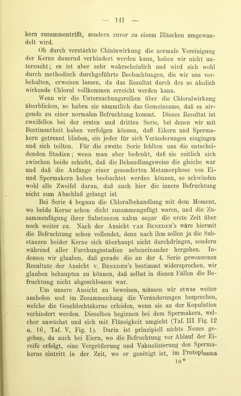 kern zusammentrifft, sondern zuvor zu einem Bläschen umgewan- delt wird. Ob durch verstärkte Chininwirkung die normale Vereinigung der Kerne dauernd verhindert werden kann, haben wir nicht un- tersucht; es ist aber sehr wahrscheinlich und wird sich wohl durch methodisch durchgeführte Beobachtungen, die wir uns Vor- behalten, erweisen lassen, da das Resultat durch des so ähnlich wirkende Chloral vollkommen erreicht werden kann. Wenn wir die Untersuchungsreihen über die Chloralwirkung überblicken, so haben sie sämmtlich das Gemeinsame, daß es nir- gends zu einer normalen Befruchtung kommt. Dieses Resultat ist zweifellos bei der ersten und dritten Serie, bei denen wir mit Bestimmtheit haben verfolgen können, daß Eikern und Sperma- kern getrennt blieben, ein jeder für sich Veränderungen eingingen und sich teilten. Für die zweite Serie fehlten uns die entschei- denden Stadien; wenn man aber bedenkt, daß sie zeitlich sich zwischen beide schiebt, daß die Behandlungsweise die gleiche war und daß die Anfänge einer gesonderten Metamorphose von Ei- und Spermakern haben beobachtet werden können, so schwinden wohl alle Zweifel daran, daß auch hier die innere Befruchtung nicht zum Abschluß gelangt ist. Bei Serie 4 begann die Chloralbehandlung mit dem Moment, wo beide Kerne schon dicht zusammengefügt waren, und die Zu- sammenfügung ihrer Substanzen nahm sogar die erste Zeit über noch weiter zu. Nach der Ansicht van Beneden’s wäre hiermit die Befruchtung schon vollendet, denn nach ihm sollen ja die Sub- stanzen beider Kerne sich überhaupt nicht durchdringen, sondern während aller Furchungsstadien nebeneinander hergehen. In- dessen wir glauben, daß gerade die an der 4. Serie gewonnenen Resultate der Ansicht y. Beneden’s bestimmt widersprechen, wir glauben behaupten zu können, daß selbst in diesen Fällen die Be- fruchtung nicht abgeschlossen war. Um unsere Ansicht zu beweisen, müssen wir etwas weiter ausholen und im Zusammenhang die Veränderungen besprechen, welche die Geschlechtskerne erleiden, wenn sie an der Kopulation verhindert werden. Dieselben beginnen bei dem Spermakern, wel- cher anwächst und sich mit Flüssigkeit umgiebt (Taf. III Fig. 12 u. 16, Taf. V, Fig. 1). Darin ist prinzipiell nichts Neues ge- geben, da auch bei Eiern, wo die Befruchtung vor Ablauf der Ei- reife erfolgt, eine Vergrößerung und Vakuolisierung des Sperma- kerns eintritt in der Zeit, wo er genötigt ist, im Protoplasma 10*