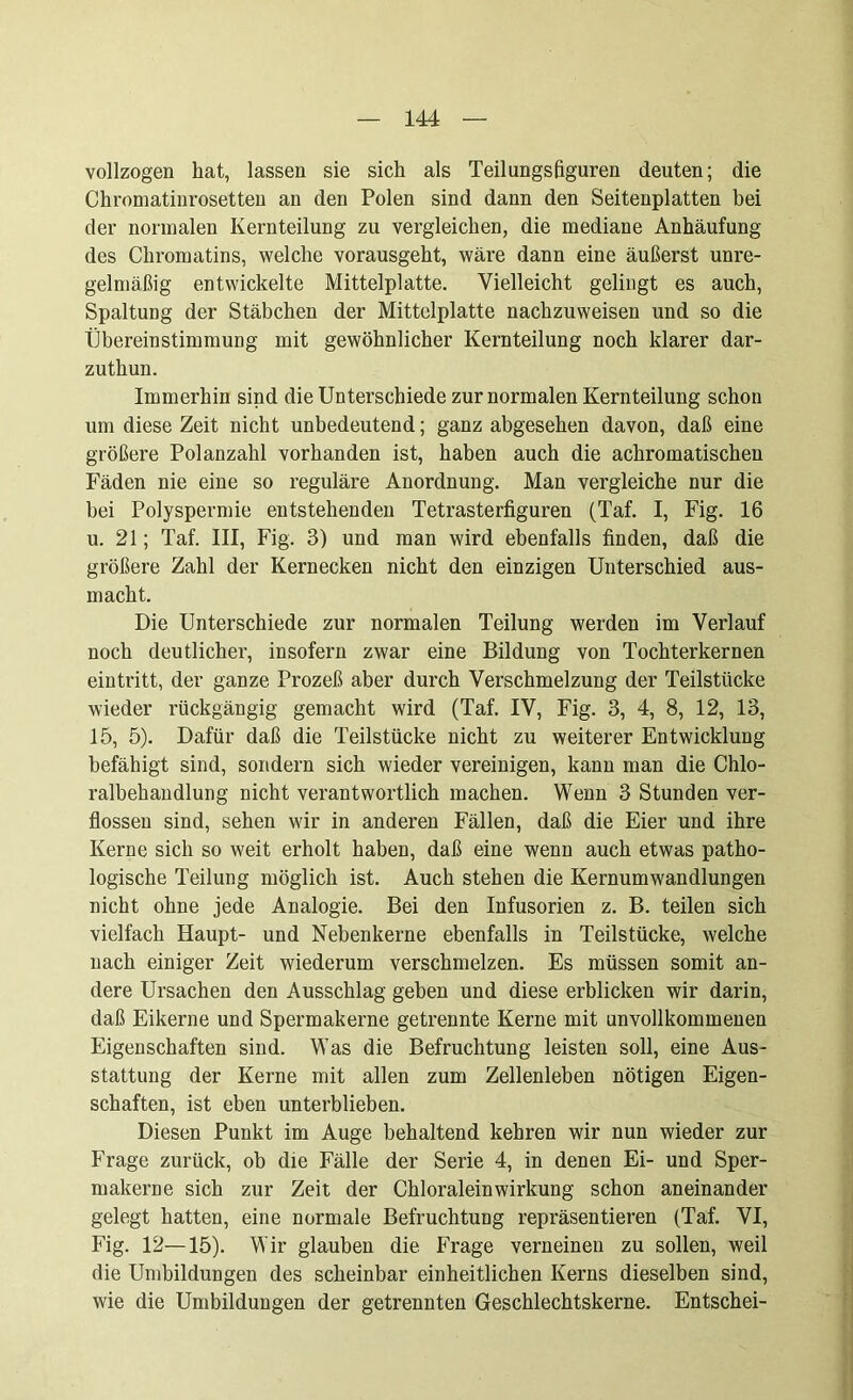 vollzogen hat, lassen sie sich als Teilungsfiguren deuten; die Chromatinrosetten an den Polen sind dann den Seitenplatten bei der normalen Kernteilung zu vergleichen, die mediane Anhäufung des Chromatins, welche vorausgeht, wäre dann eine äußerst unre- gelmäßig entwickelte Mittelplatte. Vielleicht gelingt es auch, Spaltung der Stäbchen der Mittelplatte nachzuweisen und so die Übereinstimmung mit gewöhnlicher Kernteilung noch klarer dar- zuthun. Immerhin sind die Unterschiede zur normalen Kernteilung schon um diese Zeit nicht unbedeutend; ganz abgesehen davon, daß eine größere Polanzahl vorhanden ist, haben auch die achromatischen Fäden nie eine so reguläre Anordnung. Man vergleiche nur die bei Polyspermie entstehenden Tetrasterfiguren (Taf. I, Fig. 16 u. 21; Taf. III, Fig. 3) und man wird ebenfalls finden, daß die größere Zahl der Kernecken nicht den einzigen Unterschied aus- macht. Die Unterschiede zur normalen Teilung werden im Verlauf noch deutlicher, insofern zwar eine Bildung von Tochterkernen eintritt, der ganze Prozeß aber durch Verschmelzung der Teilstücke wieder rückgängig gemacht wird (Taf. IV, Fig. 3, 4, 8, 12, 13, 15, 5). Dafür daß die Teilstücke nicht zu weiterer Entwicklung befähigt sind, sondern sich wieder vereinigen, kann man die Chlo- ralbehandlung nicht verantwortlich machen. Wenn 3 Stunden ver- flossen sind, sehen wir in anderen Fällen, daß die Eier und ihre Kerne sich so weit erholt haben, daß eine wenn auch etwas patho- logische Teilung möglich ist. Auch stehen die Kernumwandlungen nicht ohne jede Analogie. Bei den Infusorien z. B. teilen sich vielfach Haupt- und Nebenkerne ebenfalls in Teilstücke, welche nach einiger Zeit wiederum verschmelzen. Es müssen somit an- dere Ursachen den Ausschlag geben und diese erblicken wir darin, daß Eikerne und Spermakerne getrennte Kerne mit unvollkommenen Eigenschaften sind. Was die Befruchtung leisten soll, eine Aus- stattung der Kerne mit allen zum Zellenleben nötigen Eigen- schaften, ist eben unterblieben. Diesen Punkt im Auge behaltend kehren wir nun wieder zur Frage zurück, ob die Fälle der Serie 4, in denen Ei- und Sper- makerne sich zur Zeit der Chloraleinwirkung schon aneinander gelegt hatten, eine normale Befruchtung repräsentieren (Taf. VI, Fig. 12—15). Wir glauben die Frage verneinen zu sollen, weil die Umbildungen des scheinbar einheitlichen Kerns dieselben sind, wie die Umbildungen der getrennten Geschlechtskerne. Entschei-