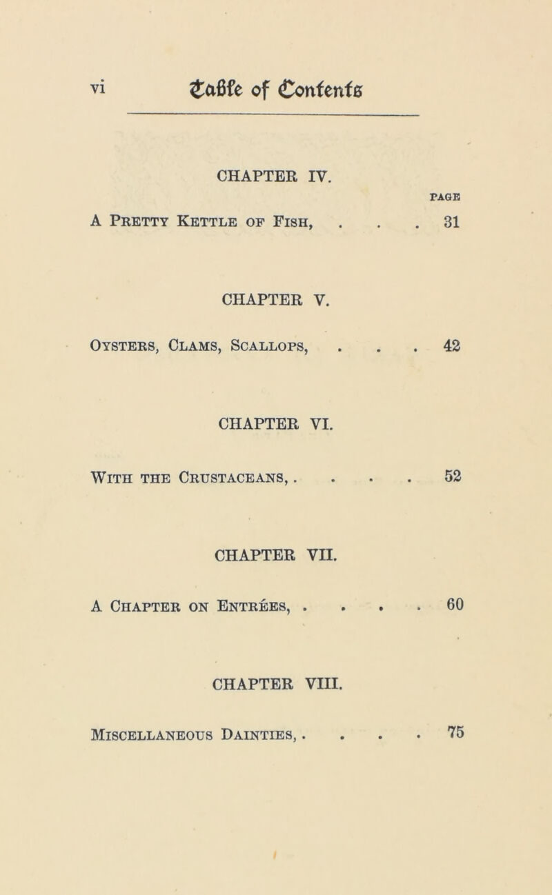 CHAPTER IV. A Pretty Kettle of Fish, CHAPTER V. Oysters, Clams, Scallops, CHAPTER VI. With the Crustaceans, . CHAPTER VII. A Chapter on Entrees, . CHAPTER VIII. Miscellaneous Dainties, . PAGE . 31 42 52 60 . 75