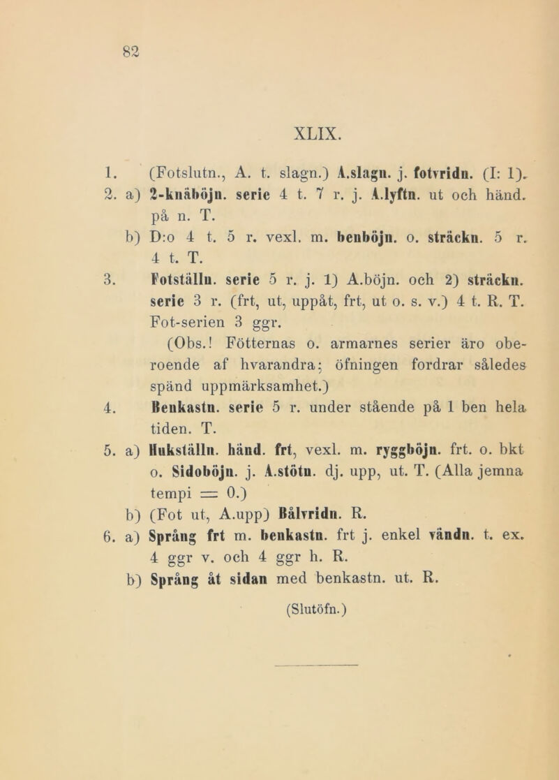 XLIX. 1. (Fotslutn., A. t. slagn.) A.slagn. j. fotvridn. (I: 1). 2. a) 2-knähöjn. serie 4 t. 7 r. j. A.lyftn. ut och händ. på n. T. b) D:o 4 t. 5 r. vexl. m. henböjn. o. sträckn. 5 r. 4 t. T. 3. Fotställu. serie 5 r. j. 1) A.böjn. och 2) sträckn. serie 3 r. (frt, ut, uppåt, frt, ut o. s. v.) 4 t. R. T. Fot-serien 3 ggr. (Obs.! Fotternas o. armarnes serier äro obe- roende af hvarandra; öfningen fordrar således spänd uppmärksamhet.) 4. Beukastn. serie 5 r. under stående på 1 ben hela tiden. T. 5. a) Hukställn. händ. frt, vexl. m. ryggböjn. frt. o. bkt o. Sidoböjn. j. A.stötu. dj. upp, ut. T. (Alla jemna tempi = 0.) b) (Fot ut, A.upp) Bålyridn. R. 6. a) Språng frt m. benkastn. frt j. enkel vändn. t. ex. 4 ggr v. och 4 ggr h. R. b) Språng åt sidan med benkastn. ut. R.