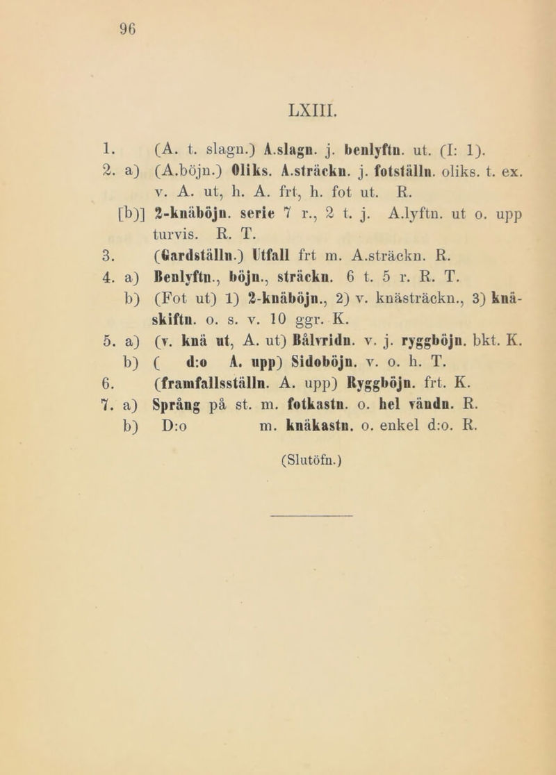 LXIII. 1. (A. t. slagn.) A.slagn. j. benlyftu. ut. (I: 1). 2. a) (A.böjn.) Oliks. A.sträcku. j. fotställn. oliks. t. ex. v. A. ut, h. A. frt, h. fot ut. R. [b)] 2-knahöjn. serie 7 r., 2 t. j. A.lyftn. ut o. upp turvis. R. T. 3. (Gardställn.) Utfall frt m. A.sträcku. R. 4. a) Benlyftu., höjn., sträckn. 6 t. 5 r. R. T. b) (Fot ut) 1) 2-kuäböjn., 2) v. knästräckn., 3) knä- skiftii. o. s. v. 10 ggr. K. 5. a) (v. knä ut, A. ut) Bålvridn. v. j. ryggböju. bkt. K. b) ( d:o A. upp) Sidoböjn. v. o. h. T. 6. (framfallsställn. A. upp) Byggböjn. frt. K. 7. a) Språng på st. m. fotkastn. o. hel väudn. R. b) D:o m. knäkastu. o. enkel d:o. R.