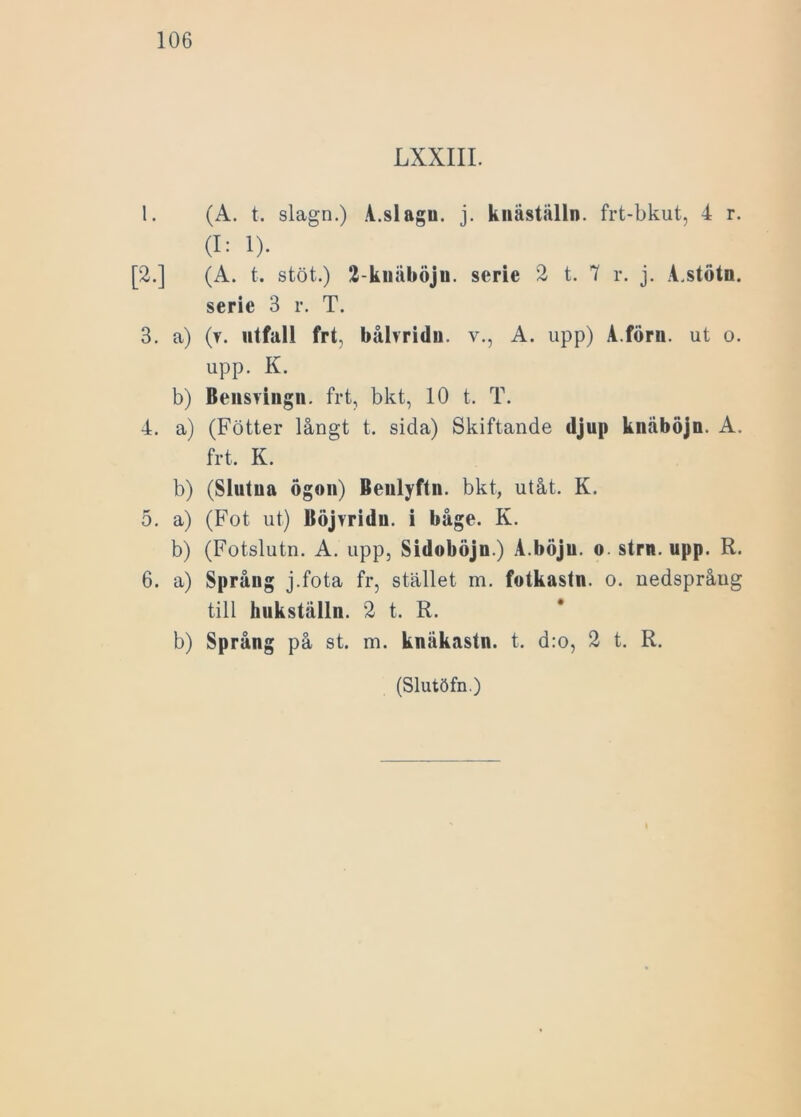 LXXIII. 1. (A. t. slagn.) A.slagu. j. knäställn. frt-bkut, 4 r. (I: 1). [2.] (A. t. stöt.) 2 knuböju. serie 2 t. 7 r. j. A.stötn. serie 3 r. T. 3. a) (y. utfall frt, bålvridn. v., A. upp) A.förn. ut o. upp. K. b) Bensvingn. frt, bkt, 10 t. T. 4. a) (Fotter långt t. sida) Skiftande djup knäböjn. A. frt. K. b) (Slutua ögon) Benlvftn. bkt, utåt. K. 5. a) (Fot ut) Böjvridu. i båge. K. b) (Fotslutn. A. upp, Sidoböjn.) A.böju. o. strn. upp. R. 6. a) Språug j.fota fr, stället m. fotkastn. o. nedspråug till hukställn. 2 t. R. b) Språng på st. m. knåkastn. t. d:o, 2 t. R.