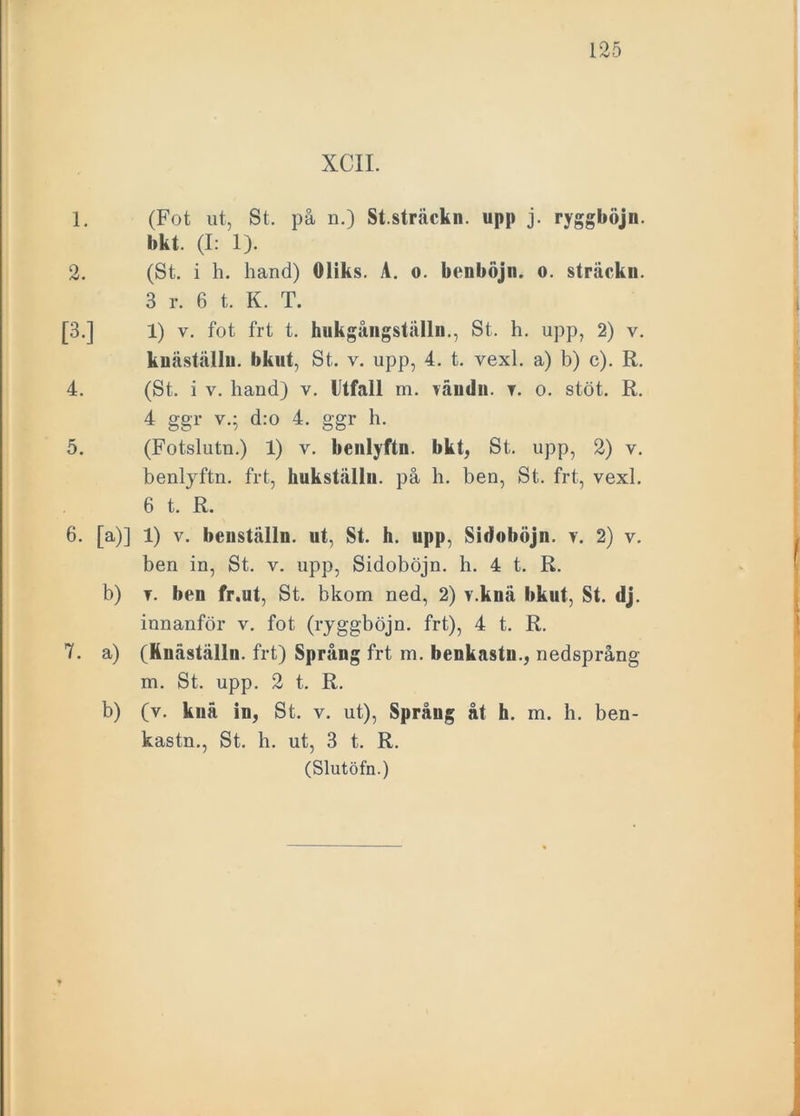 1. (Fot ut, St. på n.) St.sträckn. upp j. ryggböjn. bkt. (I: 1). 2. (St. i h. hand) Oliks. A. o. benböjn. o. sträckn. 3 r. 6 t. K. T. [3.] 1) v. fot frt t. hukgåiigstiillu., St. h. upp, 2) v. knästållu. bkut, St. v. upp, 4. t. vexl. a) b) c). R. 4. (St. i v. hand) v. Utfall m. väiidn. r. o. stöt. R. 4 ggr v.; d:o 4. ggr h. 5. (Fotslutn.) 1) v. benlyftn. bkt, St. upp, 2) v. benlyftn. frt, kukstiillii. på h. ben, St. frt, vexl. 6 t. R. 6. [a)] 1) v. beuställn. ut, St. h. upp, Sidoböjn. v. 2) v. ben in, St. v. upp, Sidoböjn. h. 4 t. R. b) t. ben fr.ut, St. bkom ned, 2) v.knä bkut, St. dj. innanför v. fot (ryggböjn. frt), 4 t. R. 7. a) (Knäställn. frt) Språng frt m. benkastn., nedsprång m. St. upp. 2 t. R. b) (v. knä in, St. v. ut), Språng åt h. m. h. ben- kastn., St. h. ut, 3 t. R.